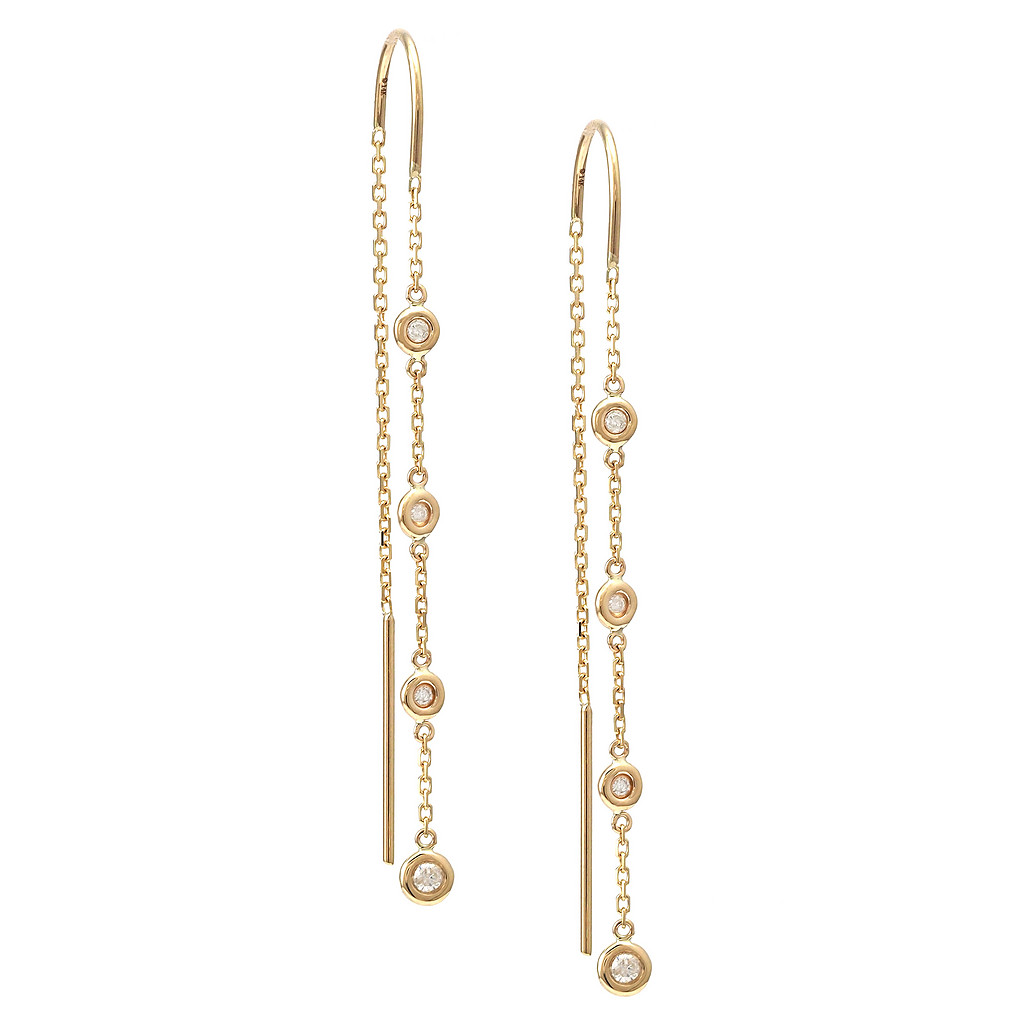 14 Karat yellow gold threader earrings with 8=0.15Tw round brilliant G I Diamonds bezel set.