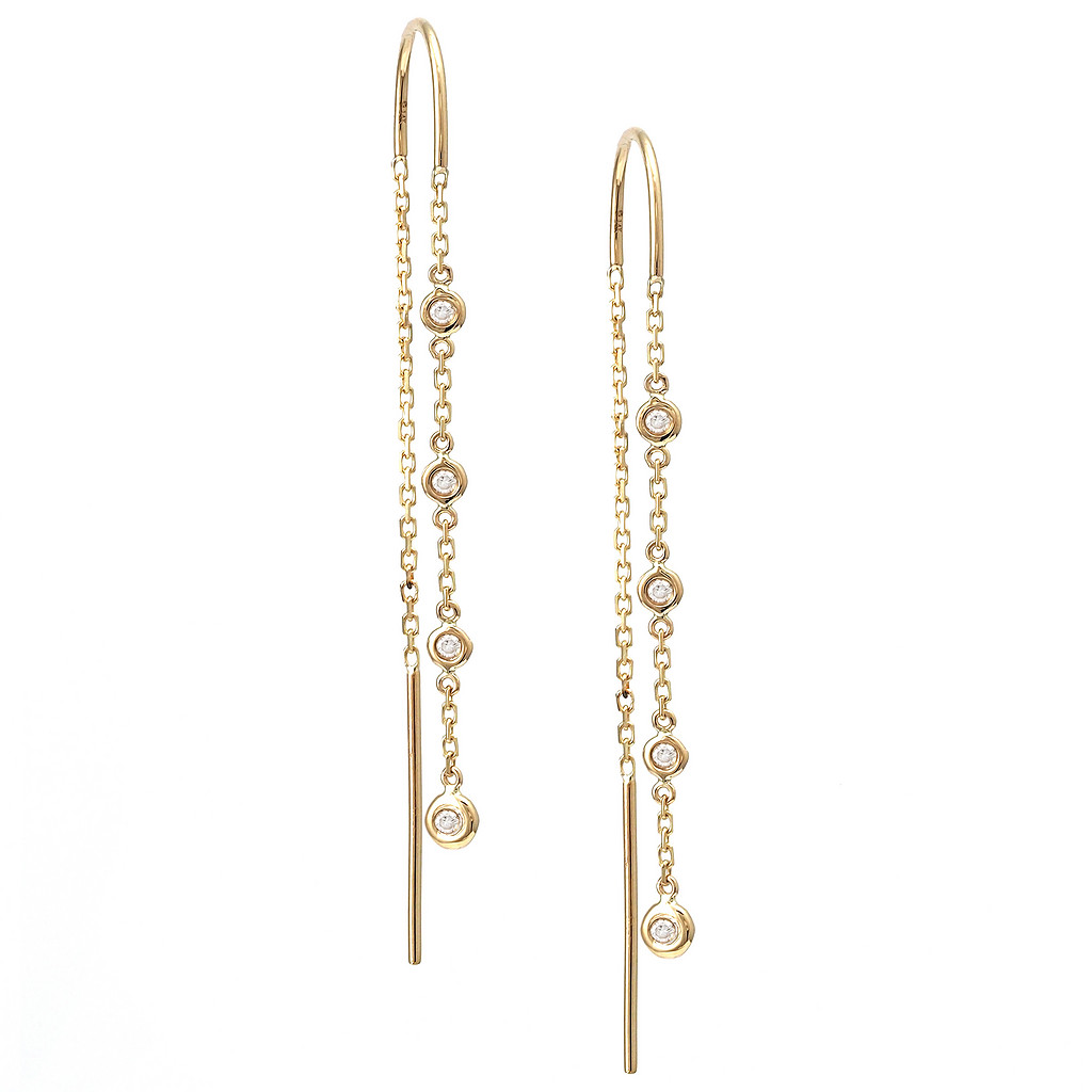 14 Karat yellow gold threader earrings with 8=0.10Tw round brilliant G I Diamonds bezel set.