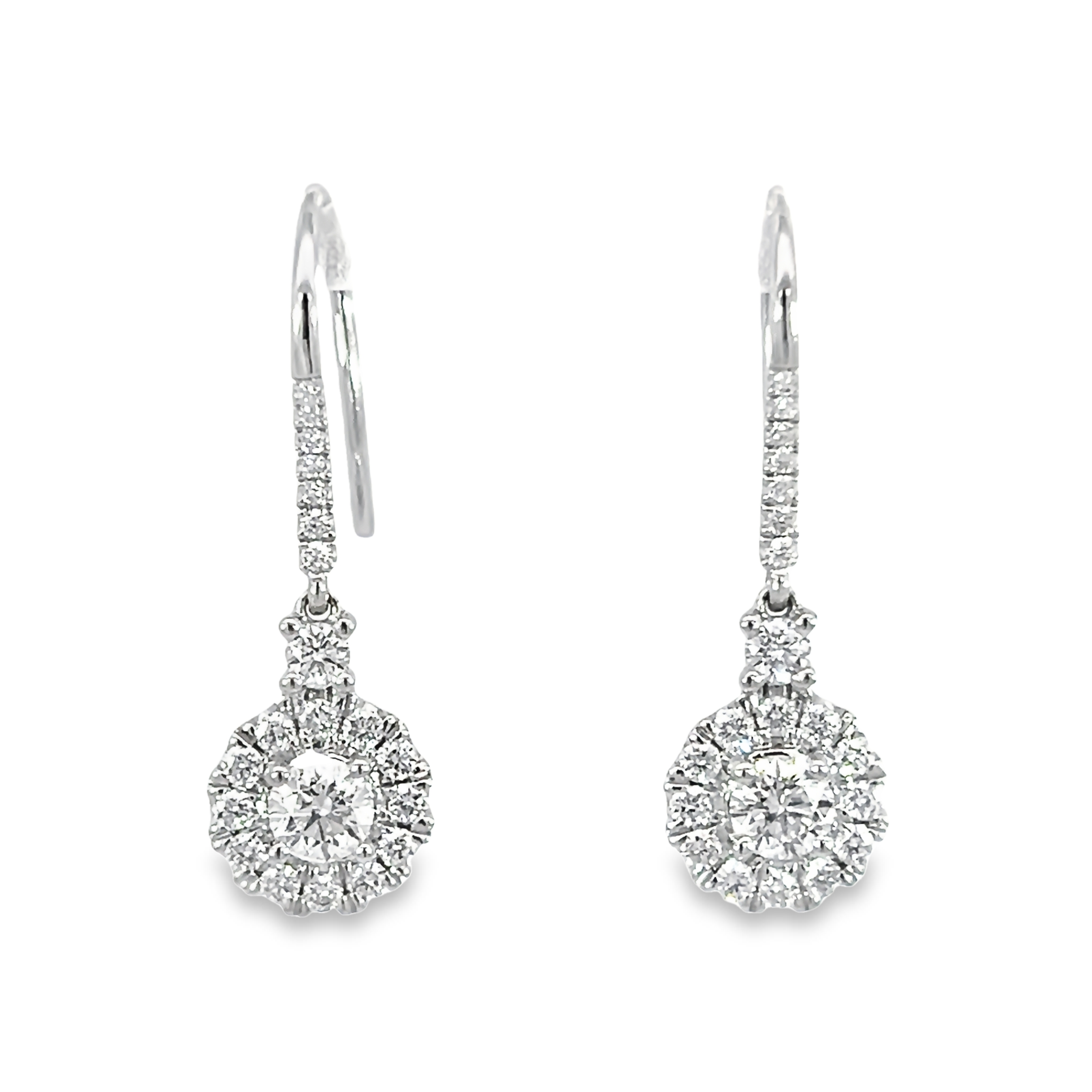 14 Karat white gold cluster dangle earrings with 2=0.52 total weight round brilliant G VS Diamonds and 40=0.52 total weight round brilliant G VS Diamonds