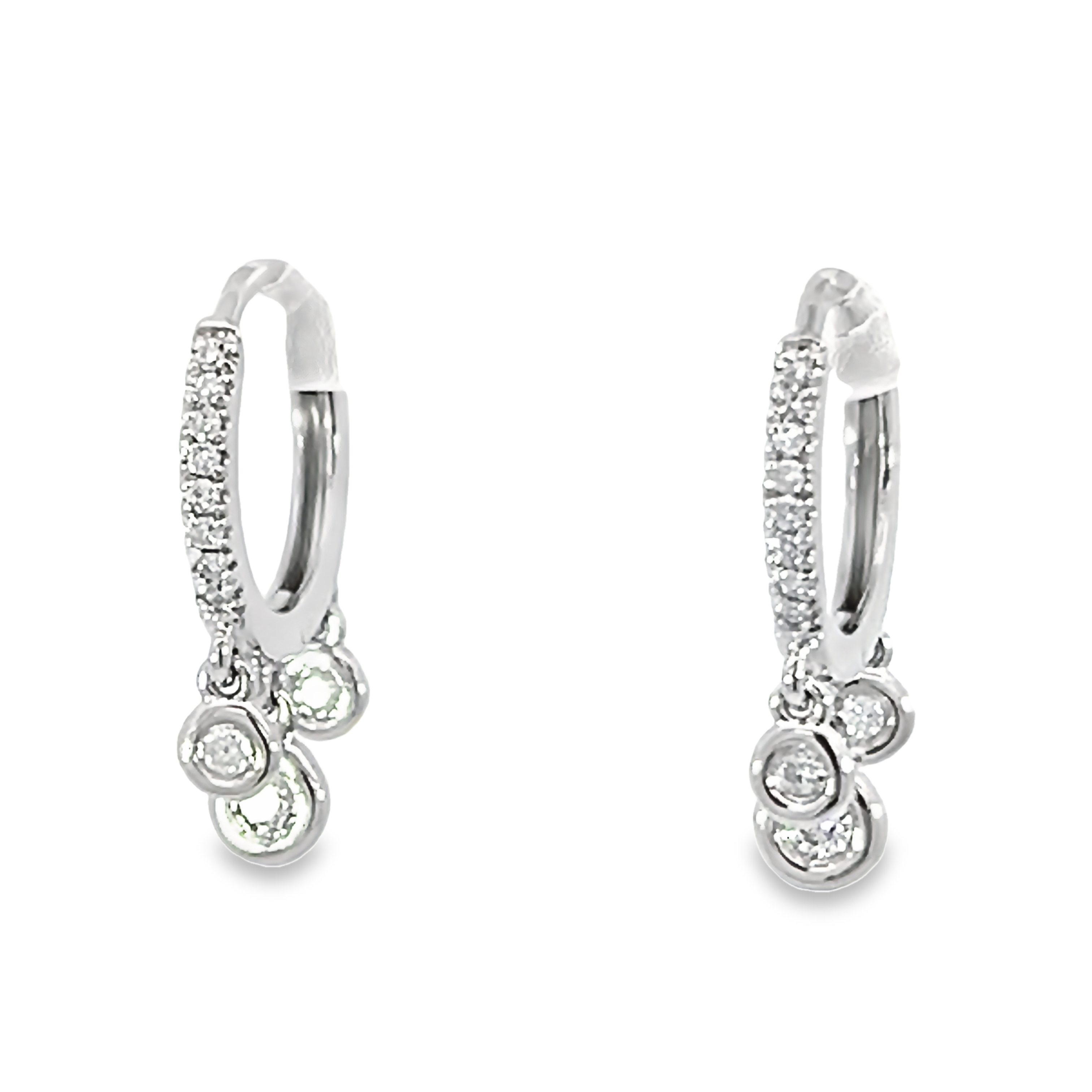 14 Karat white gold hinged hoop dangle earrings with 22=0.20 total weight Round Brilliant G I Diamonds