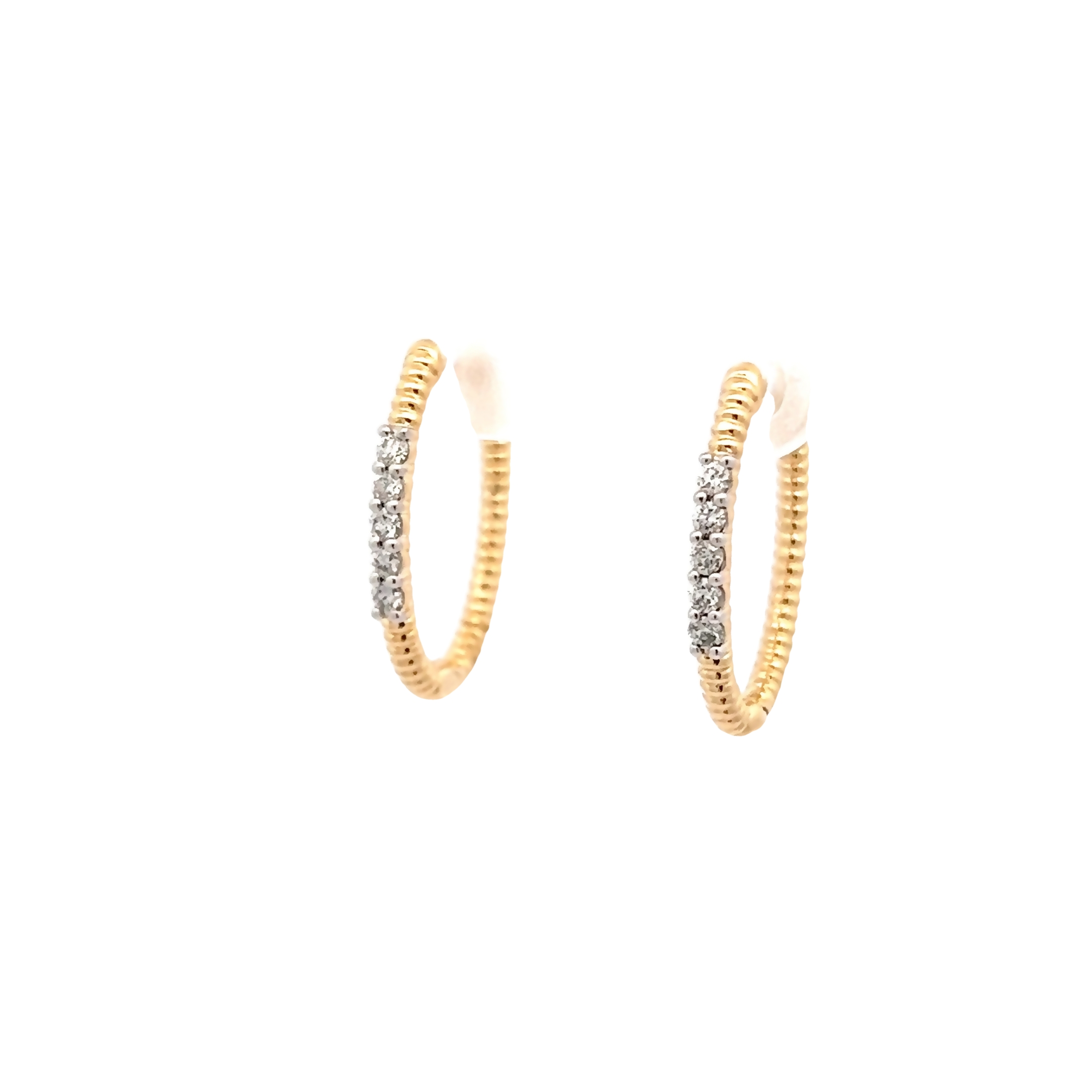 14 Karat yellow gold ribbed hoop earrings with 10=0.20 total weight round Brilliant G SI Diamonds