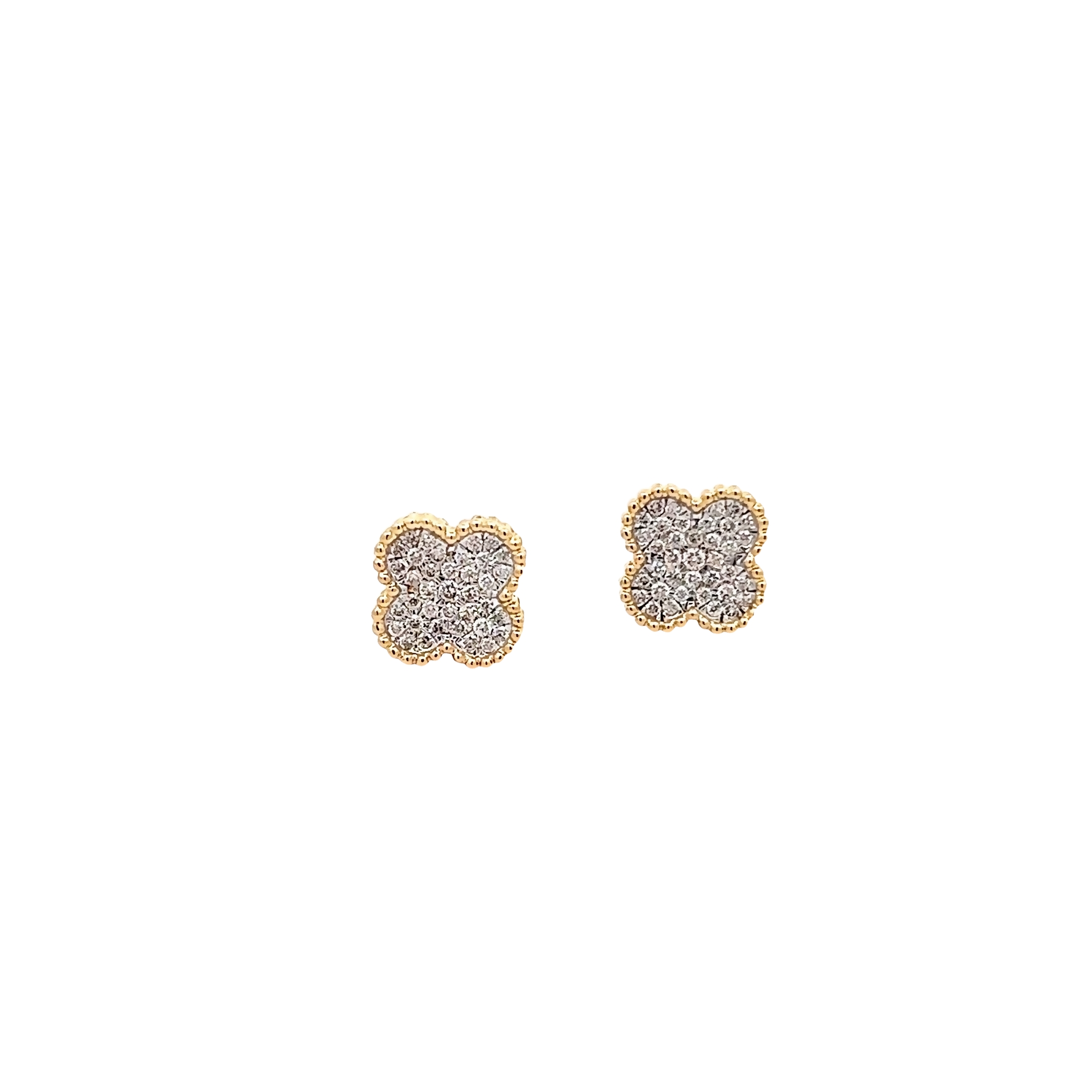 14 Karat yellow gold pave clover stud earrings with 66=0.35 total weight round brilliant G SI Diamonds