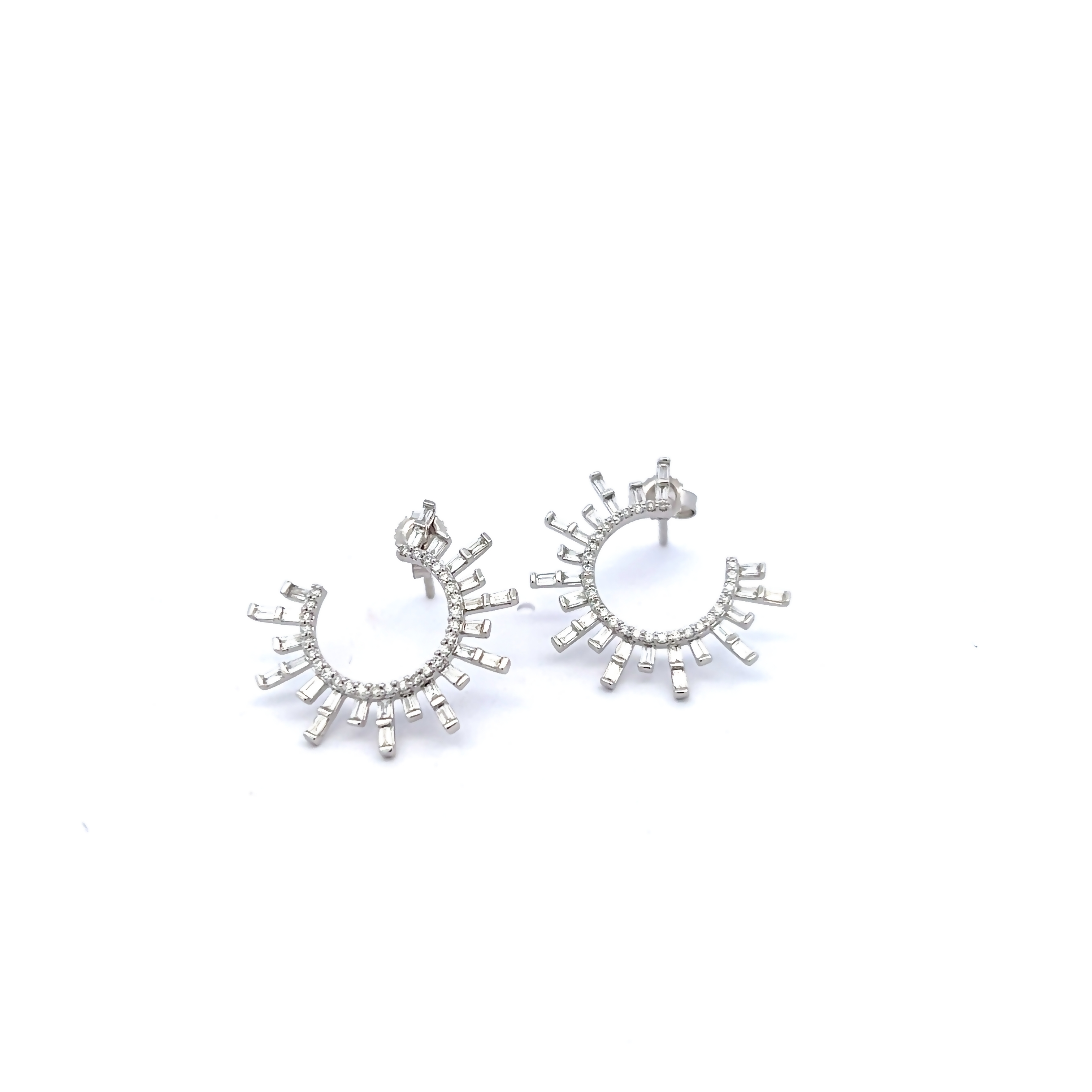 14 Karat white gold unique earrings with 56=0.28 total weight round brilliant G SI Diamonds and 54=0.47 total weight baguette G/H SI Diamonds