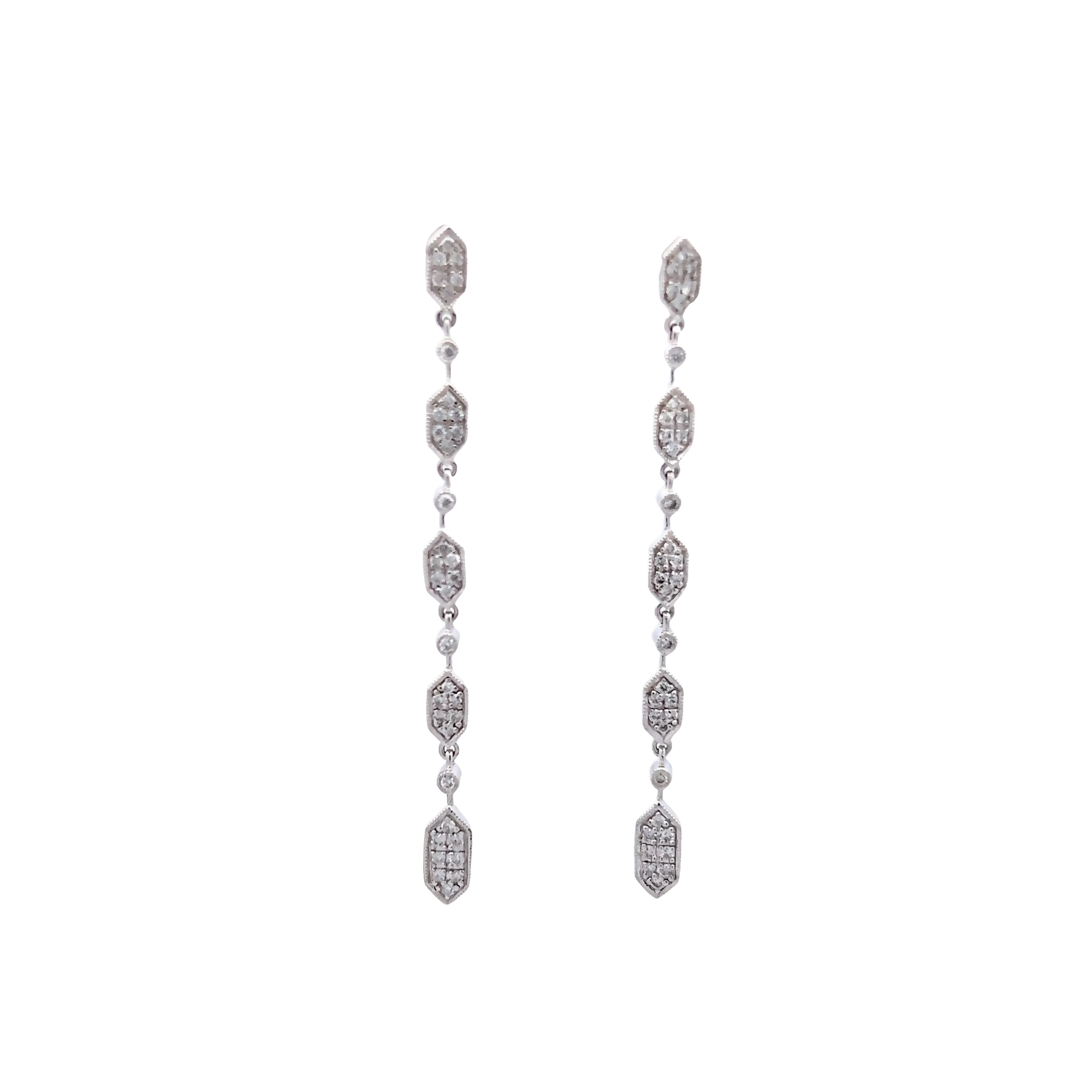 14 Karat white gold pave dangle Eerrings with 72=0.40 total weight round brilliant G SI Diamonds