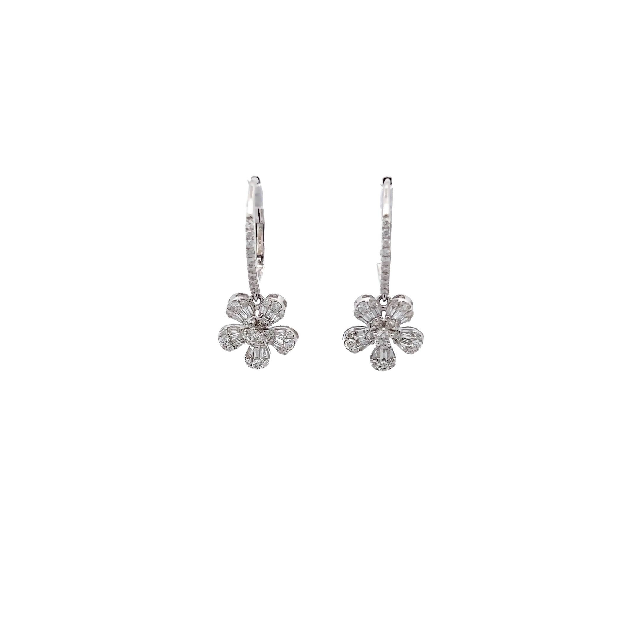 14 Karat white gold flower dangle earrings with 92=0.72 total weight round birlliant and baguette G SI Diamonds