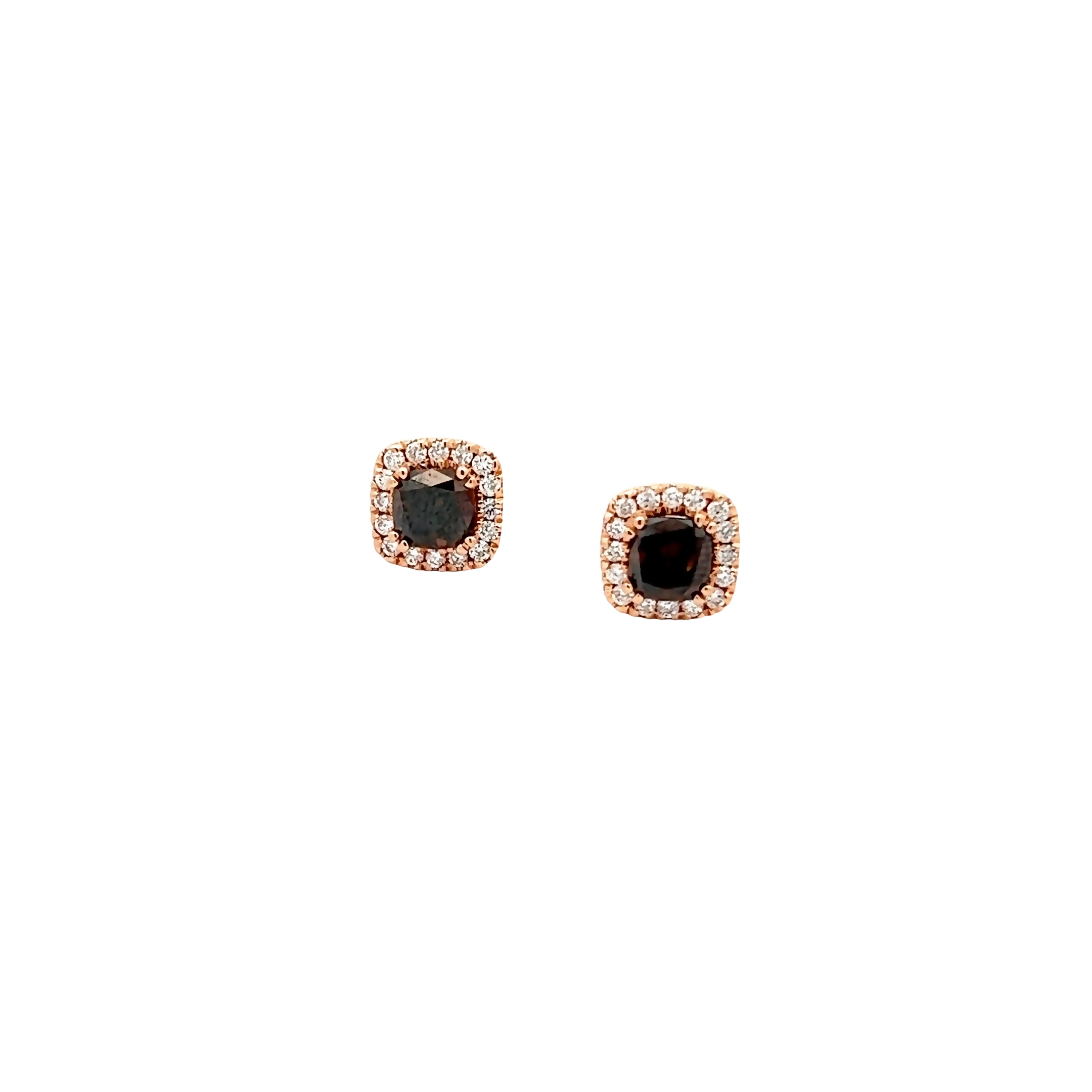 14 Karat rose gold halo stud earrings with 34=2.00 total weight Diamonds. 2 Diamonds are cushion fancy chocolate.