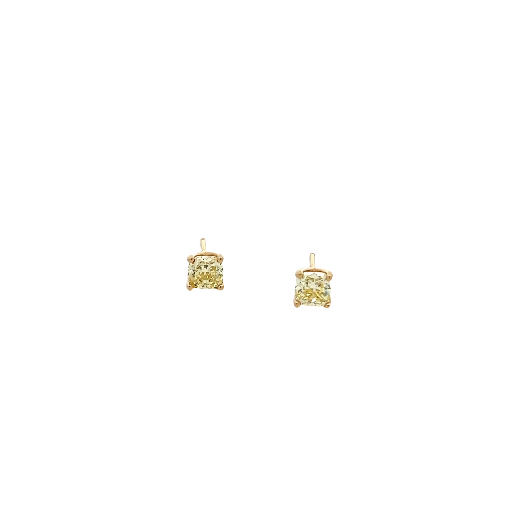 14 Karat yellow gold stud earrings with 2=1.22 total weight cushion fancy yellow SI Diamonds