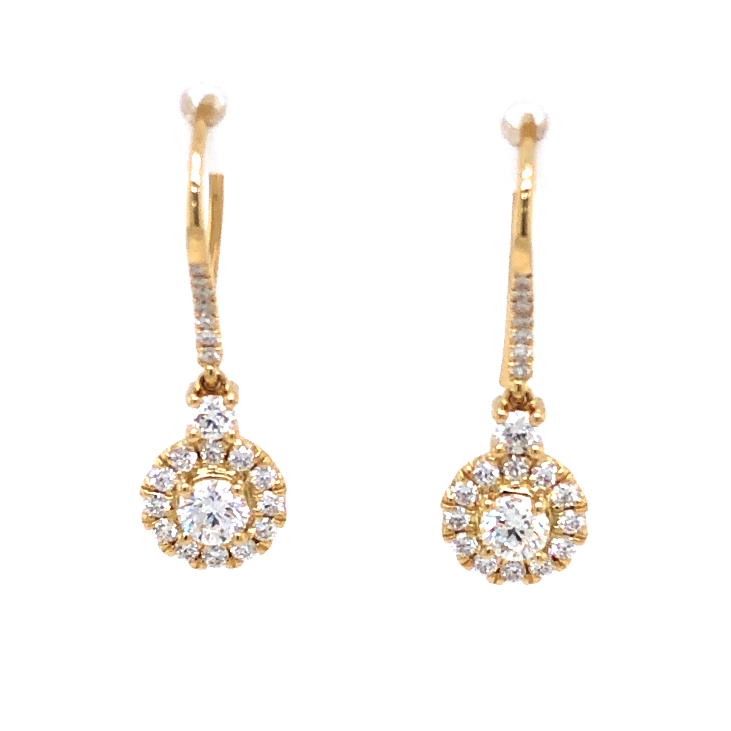 14 Karat Yellow Gold Halo Dangle Earrings With 2=0.52 Total Weight Round Brilliant G Vs Diamonds And 40=0.52 Total Weight Round Brilliant G Vs Diamonds