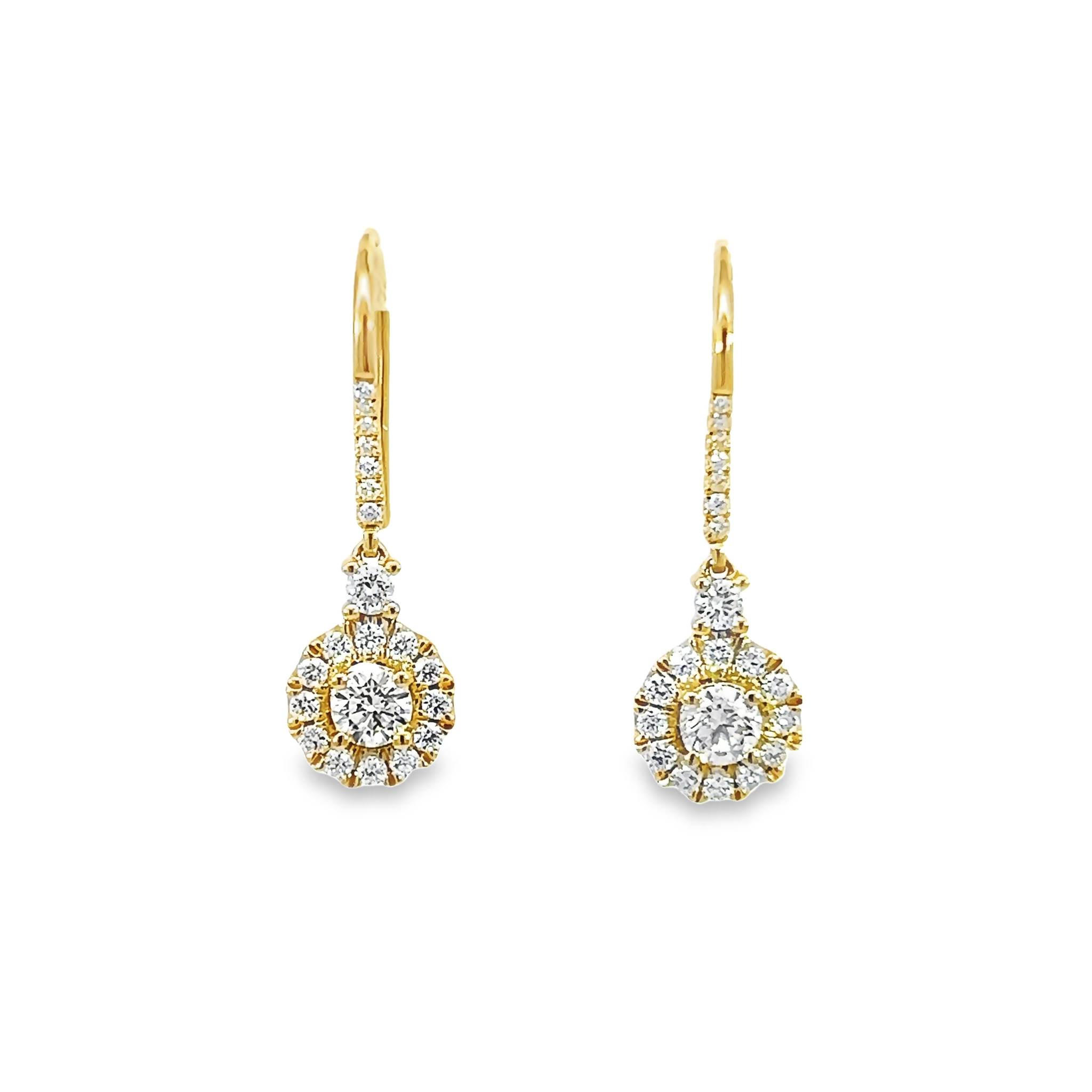 14k Gold Diamond Halo Dangle Earrings