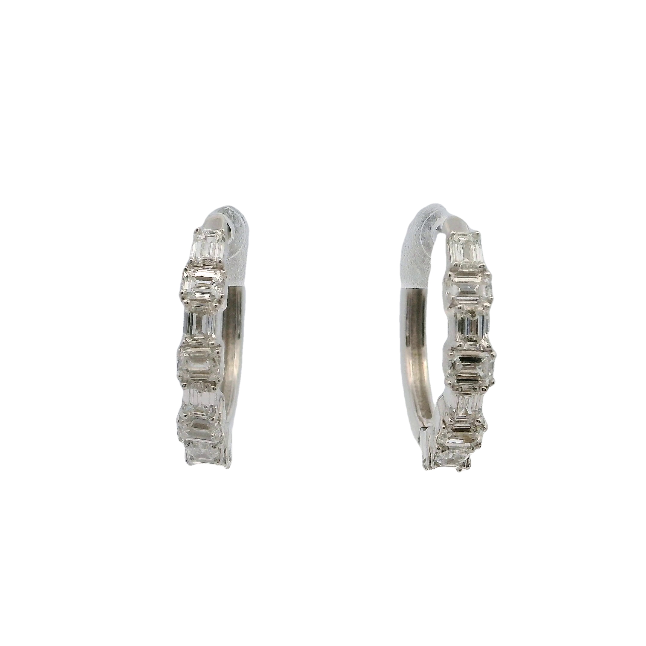14k White Gold Emerald Cut Diamond Hoop Earrings