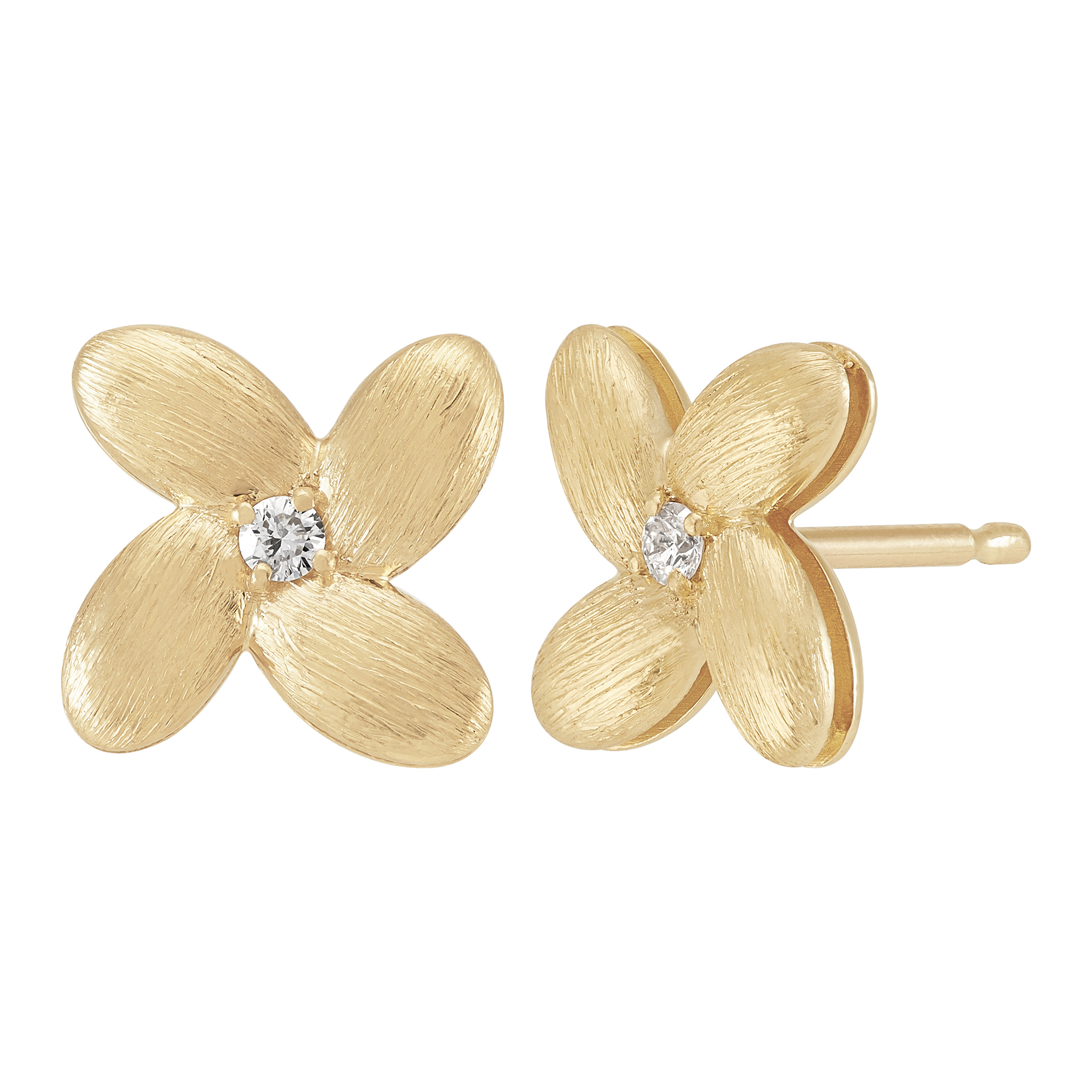 14k Yellow Gold Diamond Flower Stud Earrings