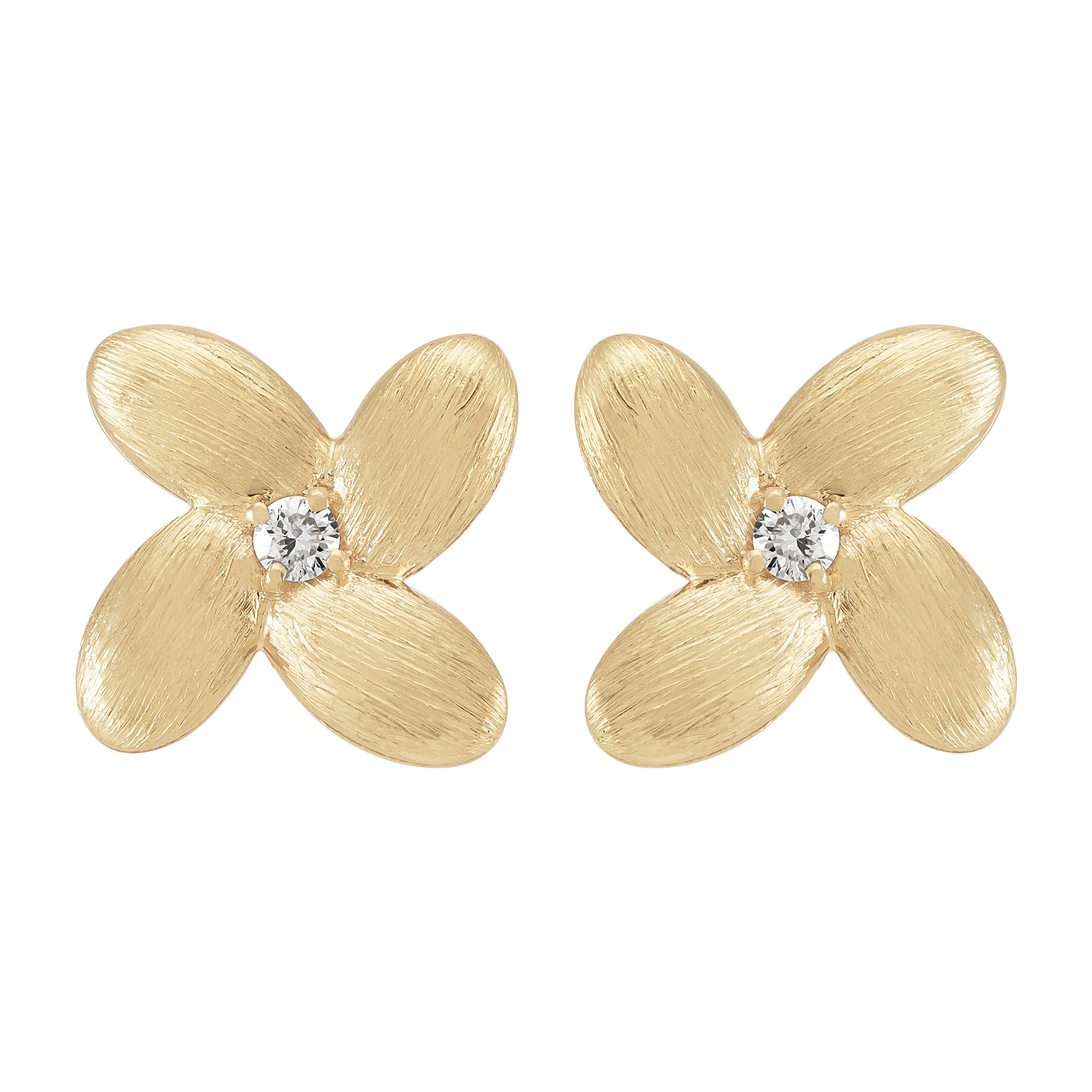 14k Yellow Gold Diamond Flower Stud Earrings