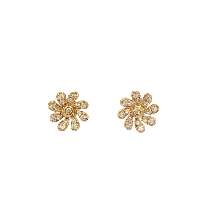 14k Yellow Gold Diamond Flower Stud Earrings
