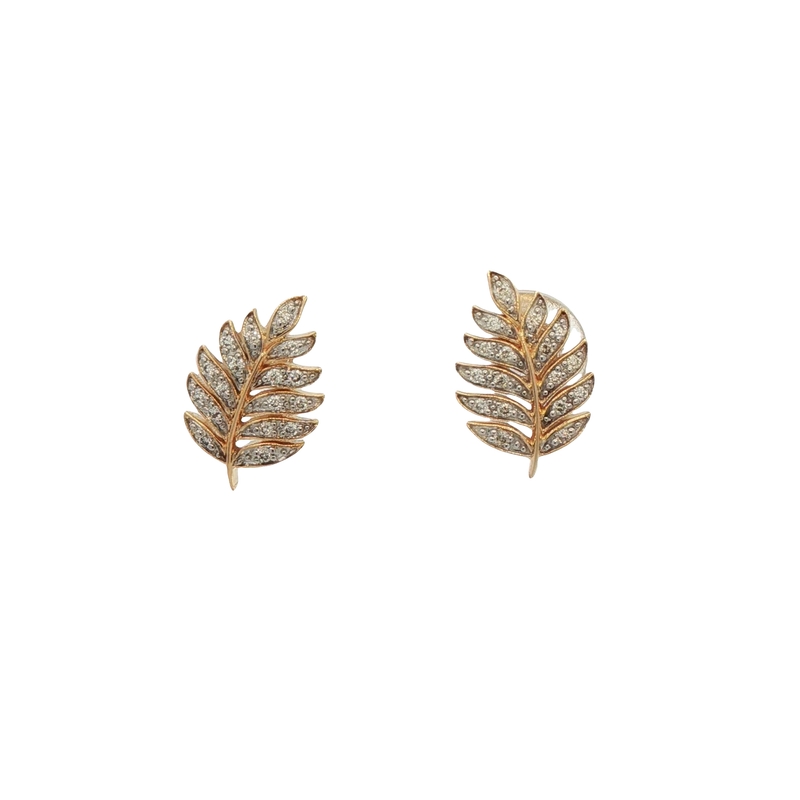 14k Yellow Gold Diamond Leaf Shaped Stud Earrings