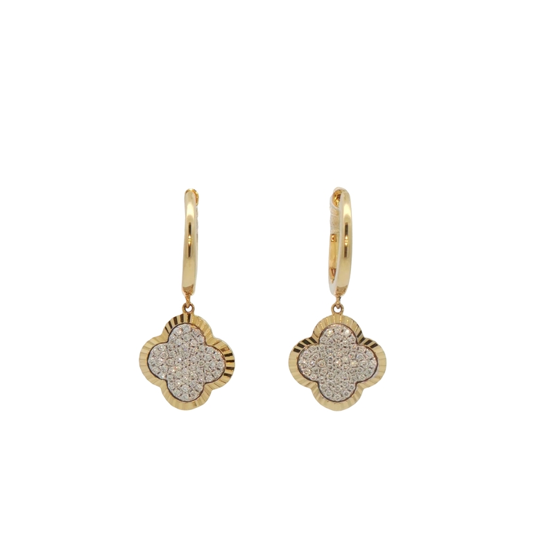 14k Yellow Gold Diamond Dangle Clover Shaped Earrings