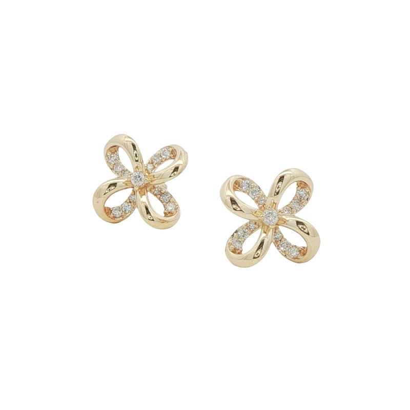 14k Yellow Gold Diamond Flower Stud Earrings