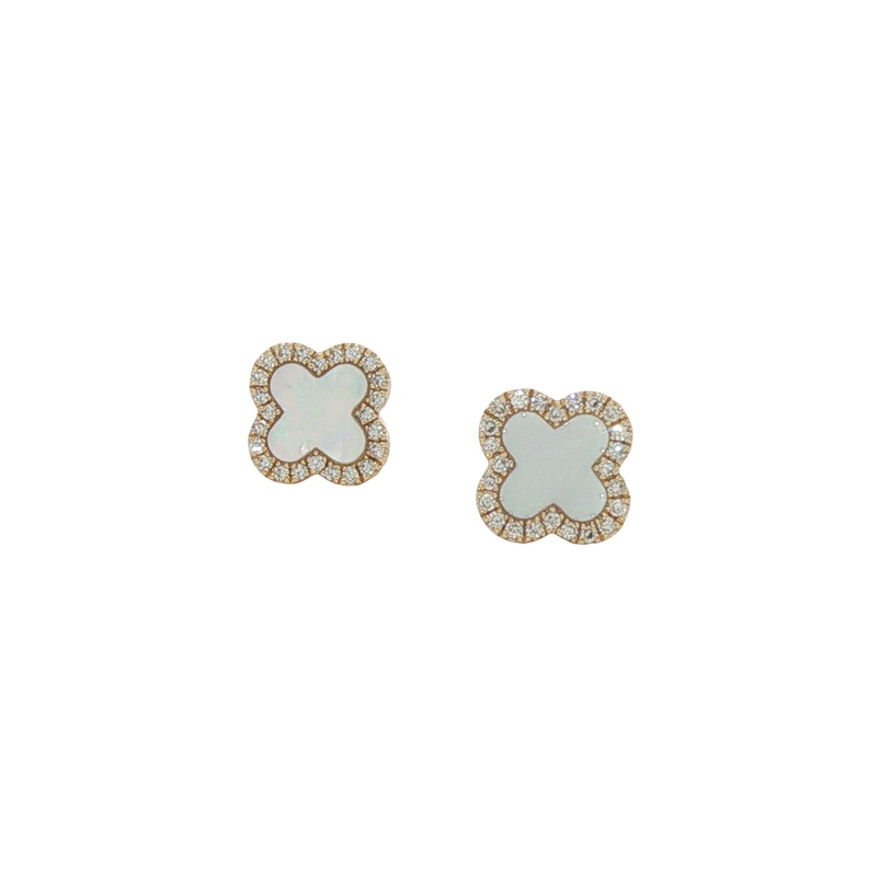 14k Yellow Gold Mother Of Pearl And Dimaond Clover Earrings