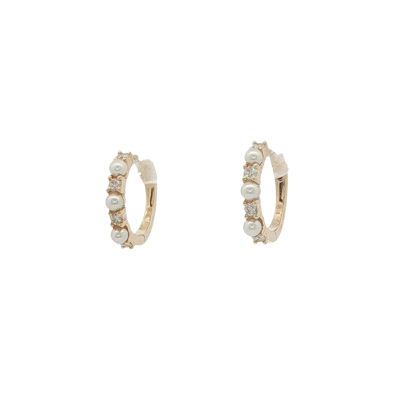 14k Yellow Gold Diamond And Pearl Huggie Earrings