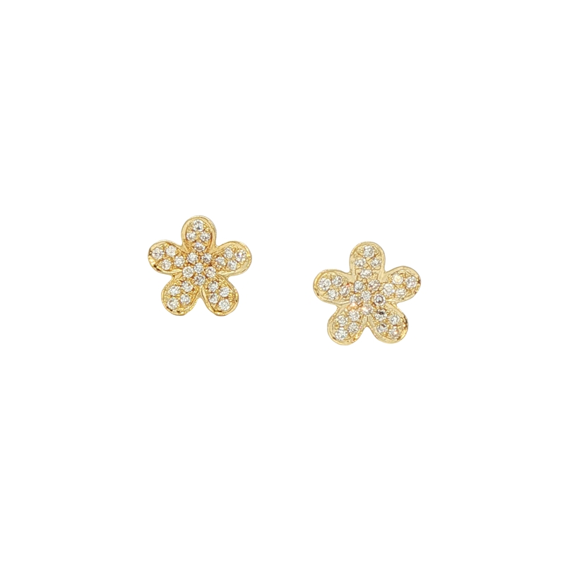 14k Yellow Gold Diamond Flower Stud Earrings