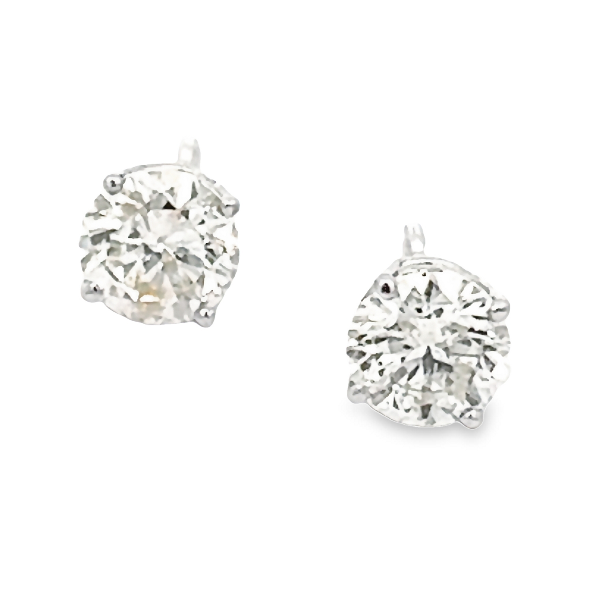 14 Karat white gold stud earrings with 2=1.27 total weight round brilliant I I2 Diamonds