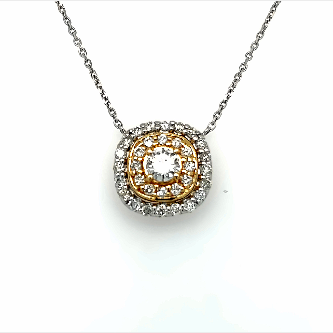 14 karat two tone gold halo pendant with 33=1.14tw round brilliant G VS diamonds
