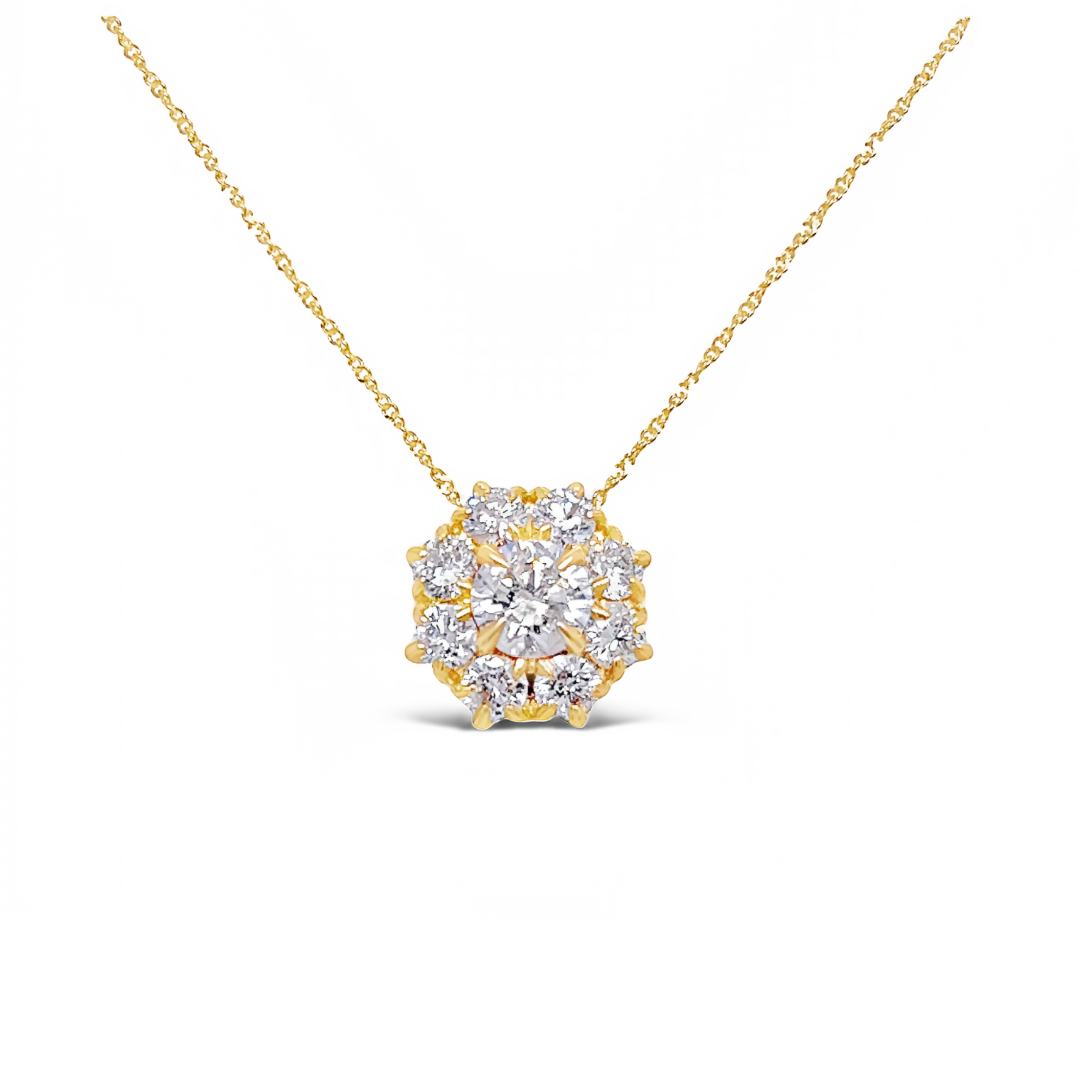 Yellow 14 Karat Cluster Pendant with 9=1.53tw Round Brilliant G I Diamonds