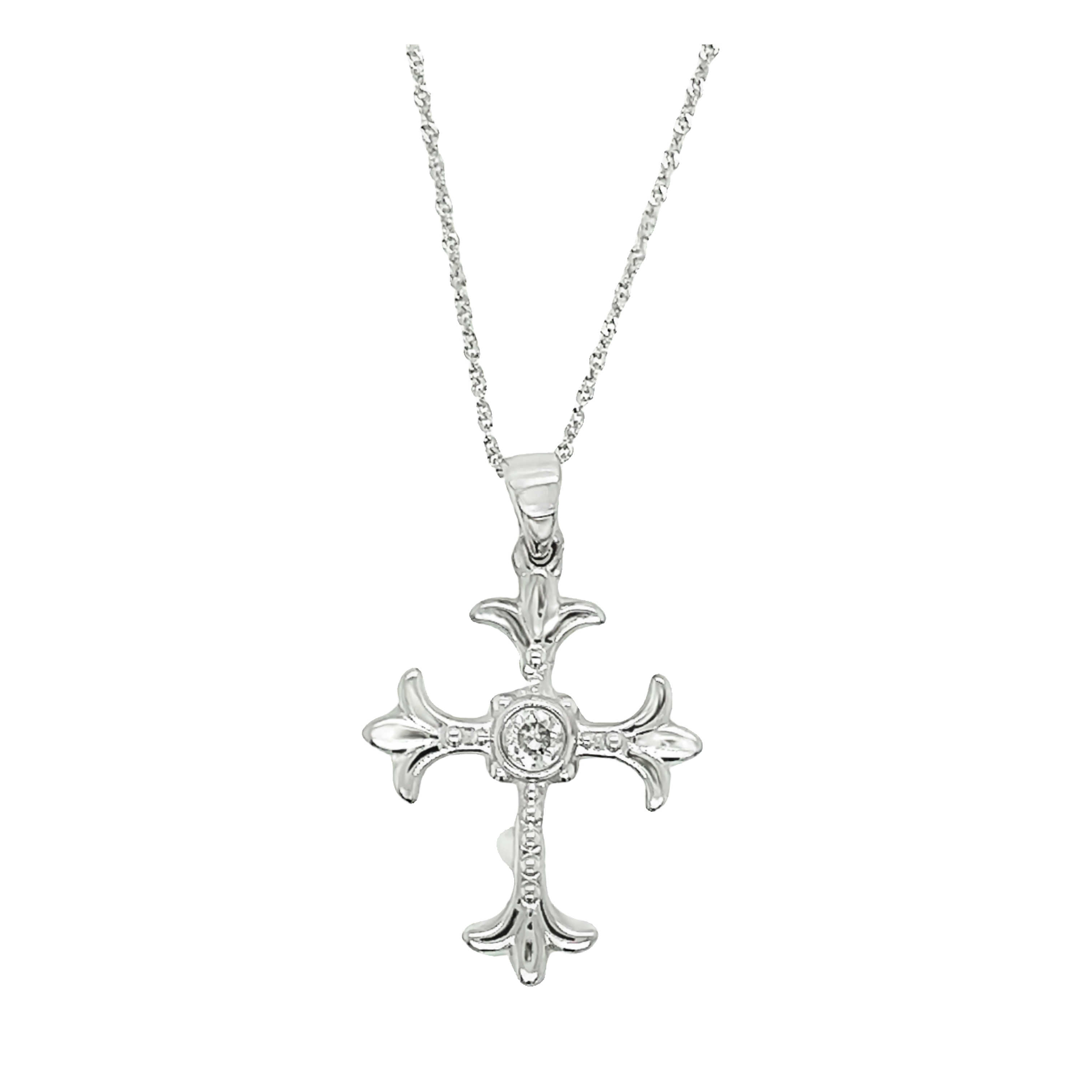 White 14 Karat Cross Pendant With One 0.10Ct Round Brilliant G Si Diamond