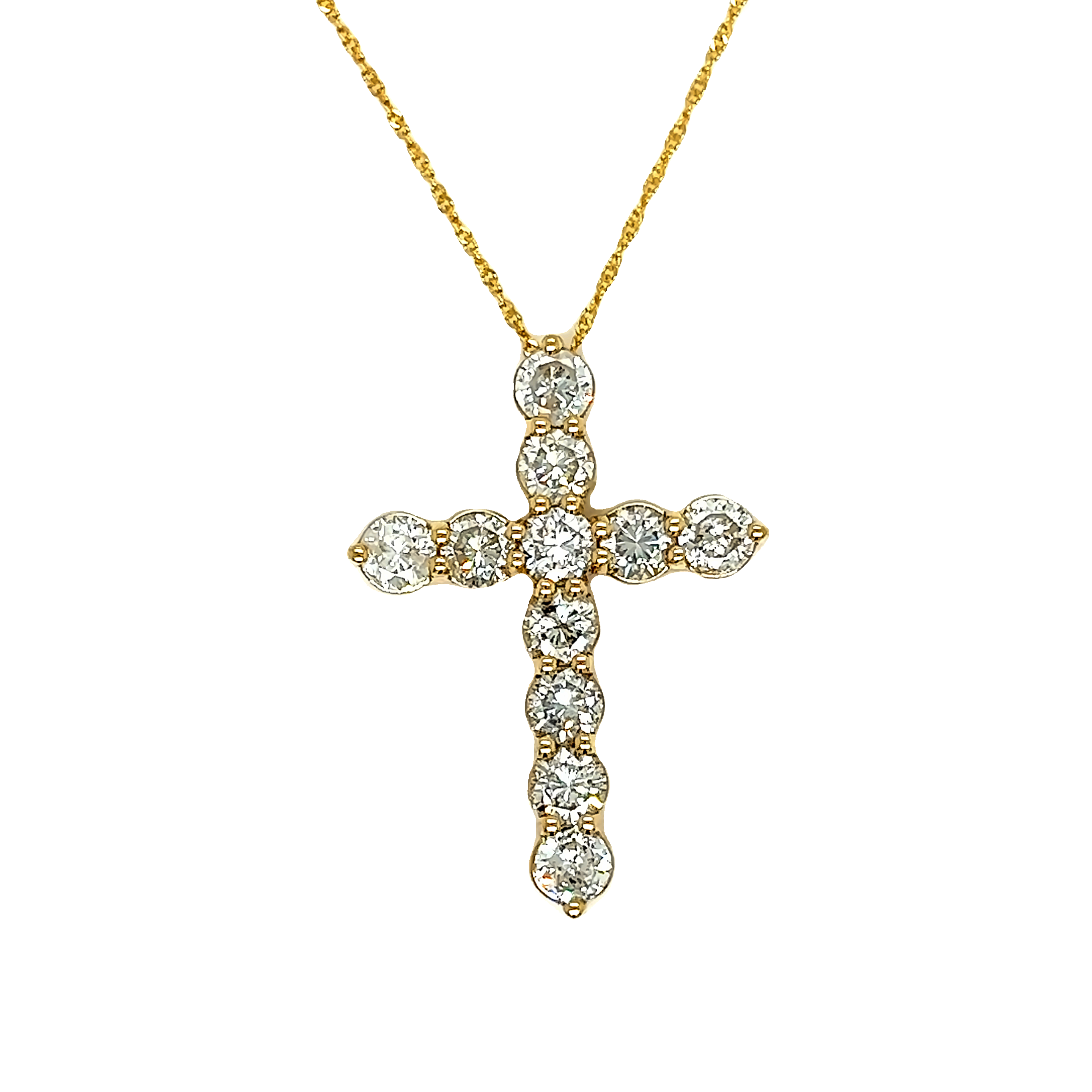 Yellow 14 Karat Cross Pendant With 11=2.48Tw Round Brilliant G I Diamonds