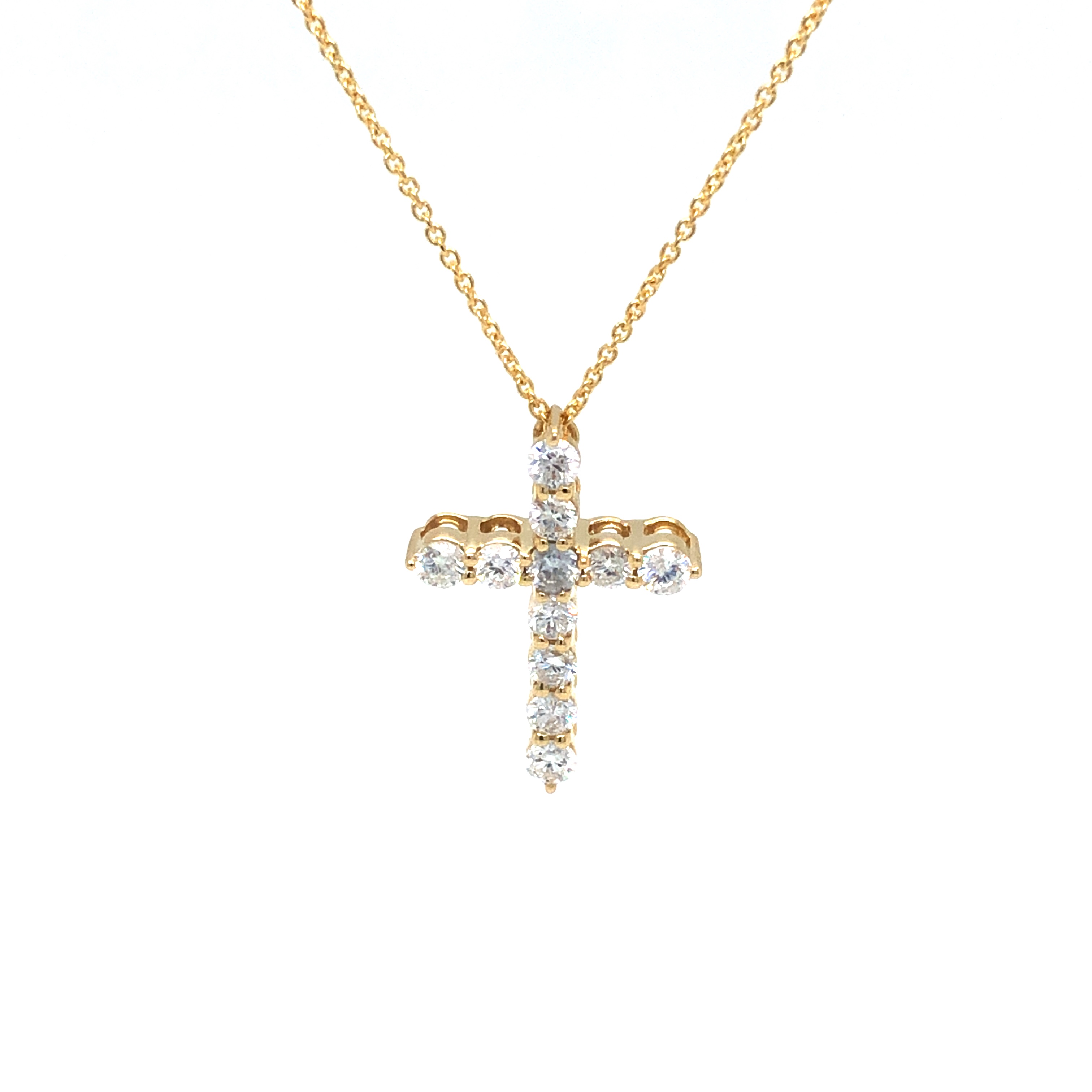 14 Karat yellow gold cross Pendant Length 18 With 11=0.50Tw Round Brilliant G SI Diamonds