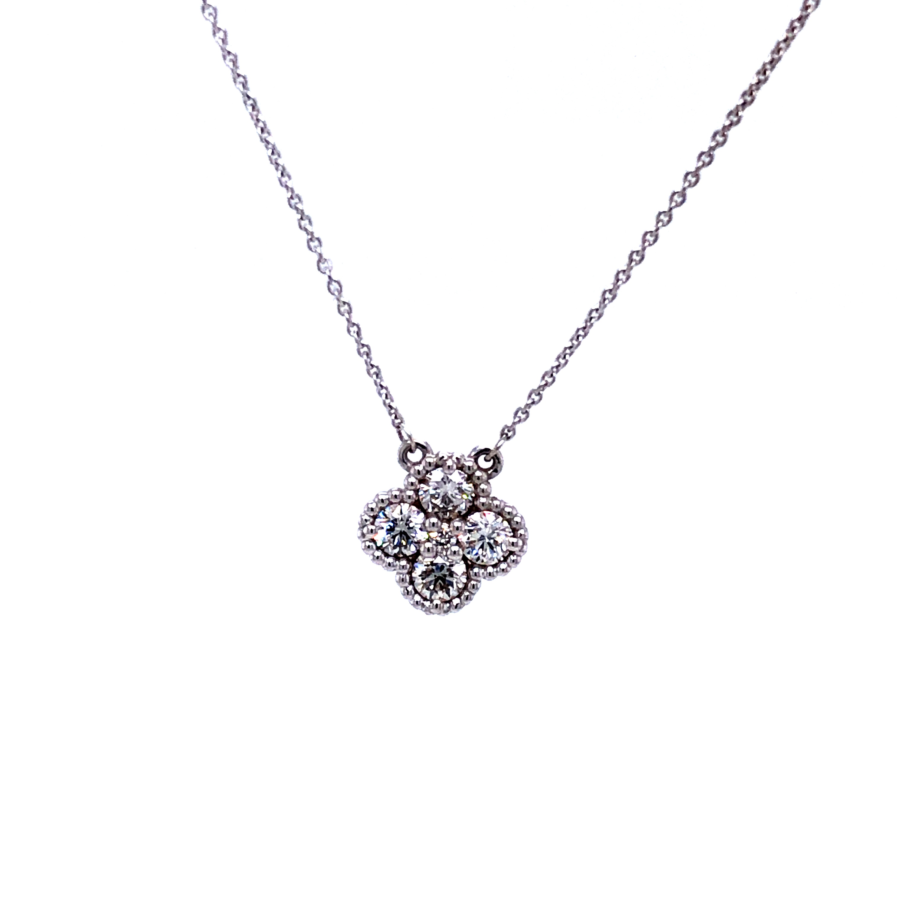 14 Karat white gold cluster Pendant Length 18 with 5=0.31tw Round Brilliant H/I SI Diamonds