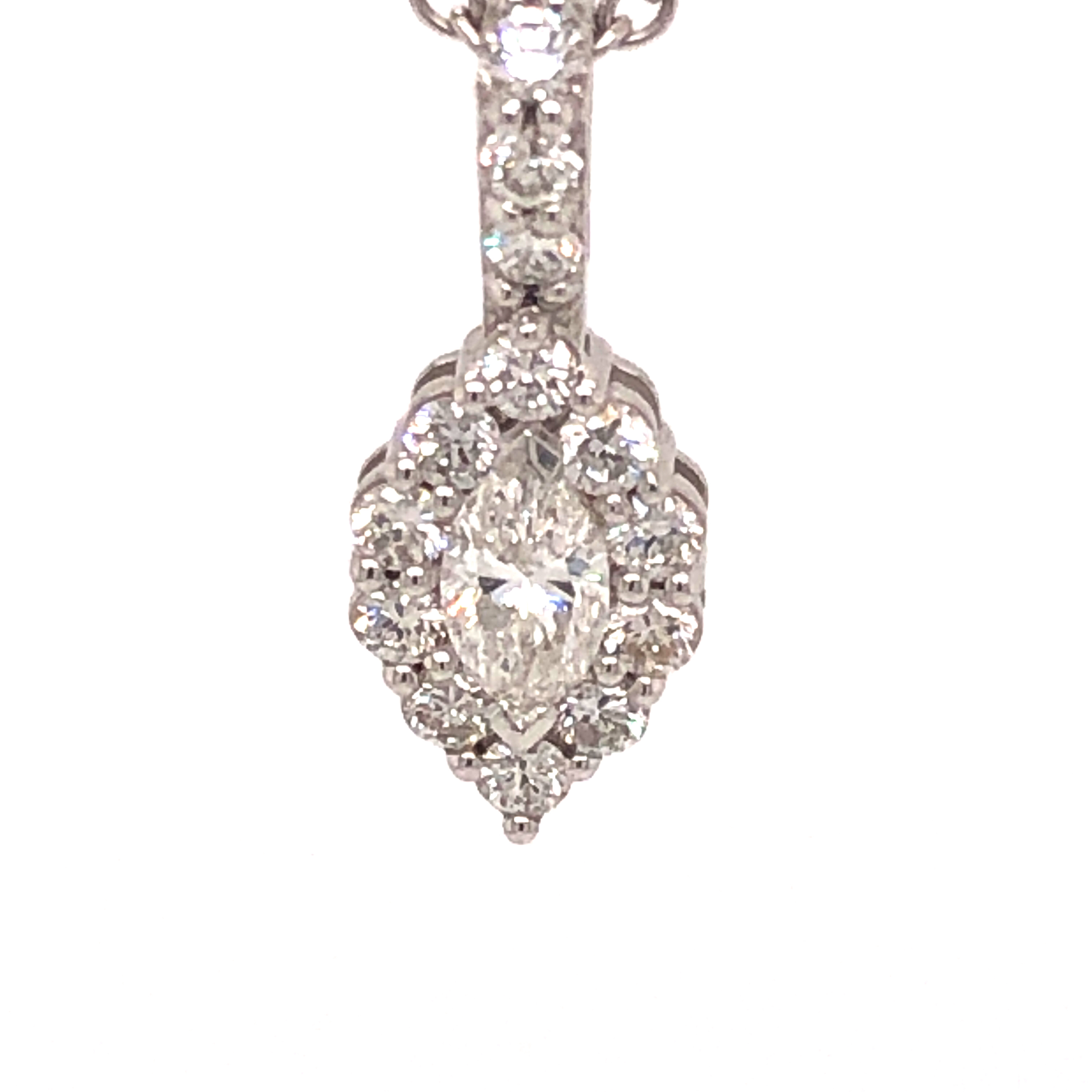 14 Karat white gold Halo Pendant Length 18 with one 0.42ct Marquise J SI2 Diamond & 11=.53tw Round Brilliant J SI Diamonds