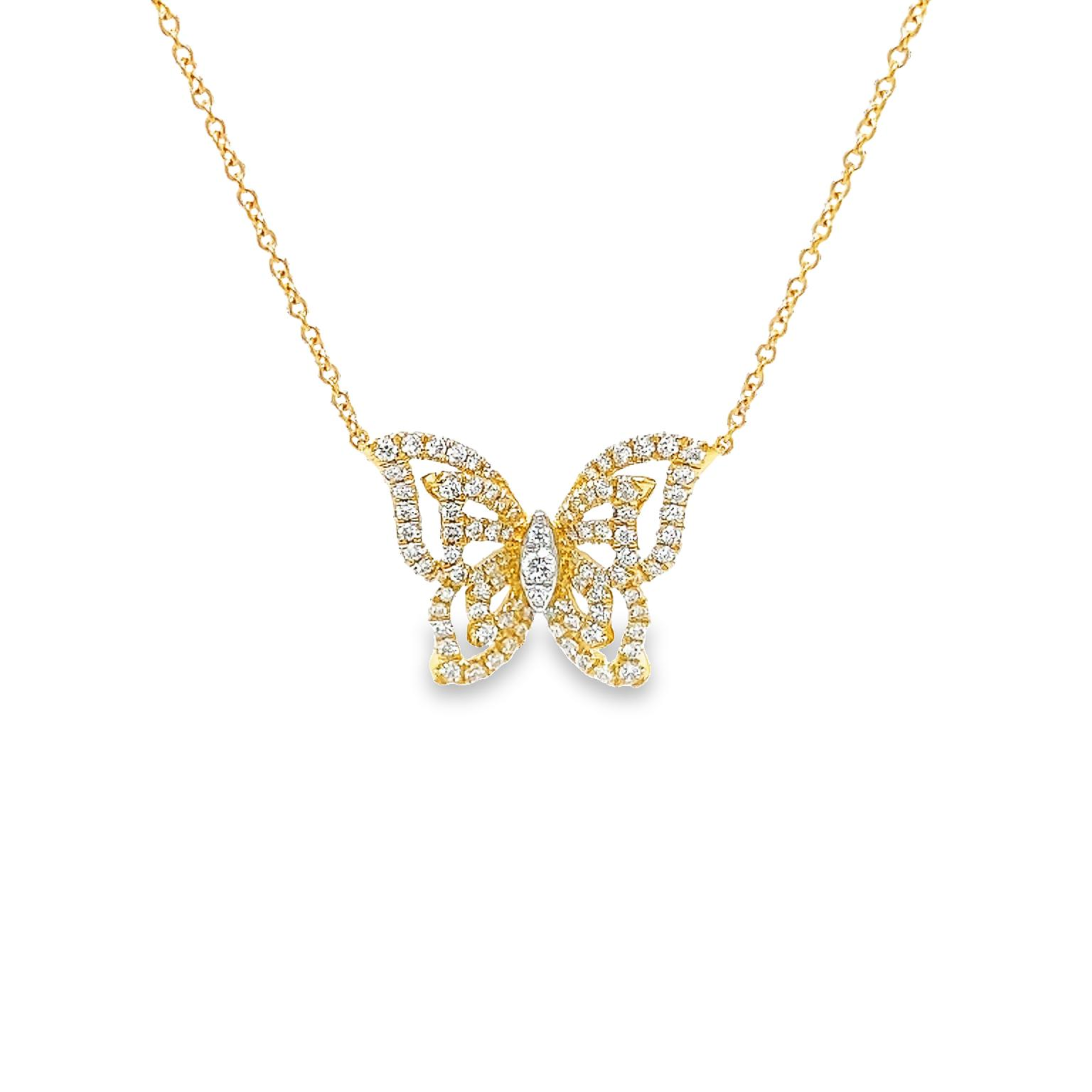 14 Karat Yellow Gold Butterfly Pendant With 93=0.59 Total Weight Round Brilliant G Vs Diamonds