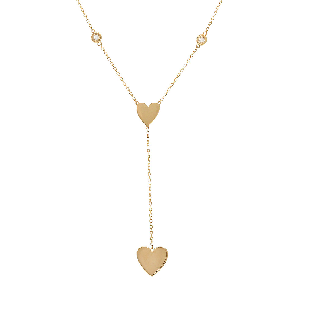 14 Karat yellow gold heart lariat with 2=0.03 total weight round brilliant G I Diamonds