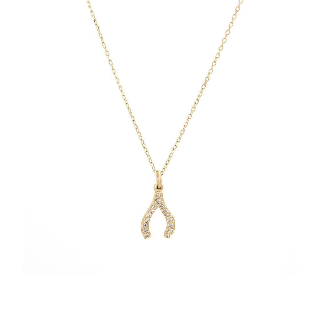 14 Karat yellow gold wishbone pendant with 16=0.05Tw Single Cut G I Diamonds