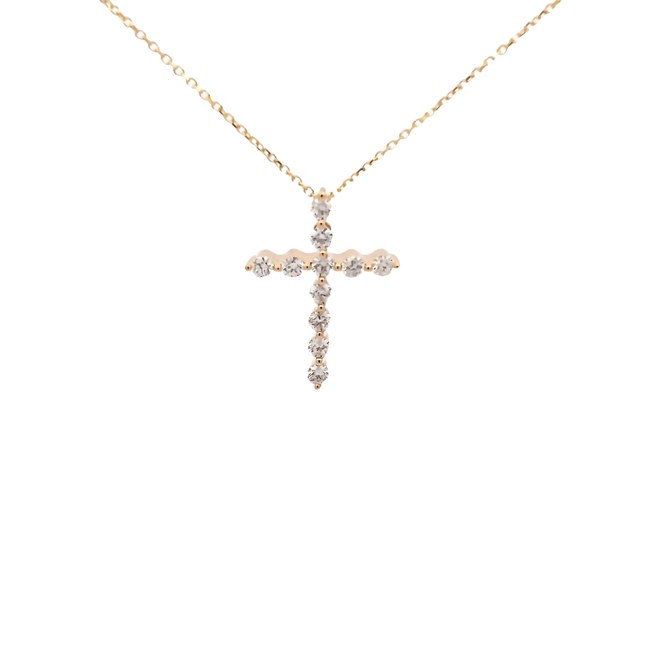 14 Karat Yellow Gold Shared Prong Cross Pendant With 11=0.50 Total Weight Round Brilliant G I Diamonds