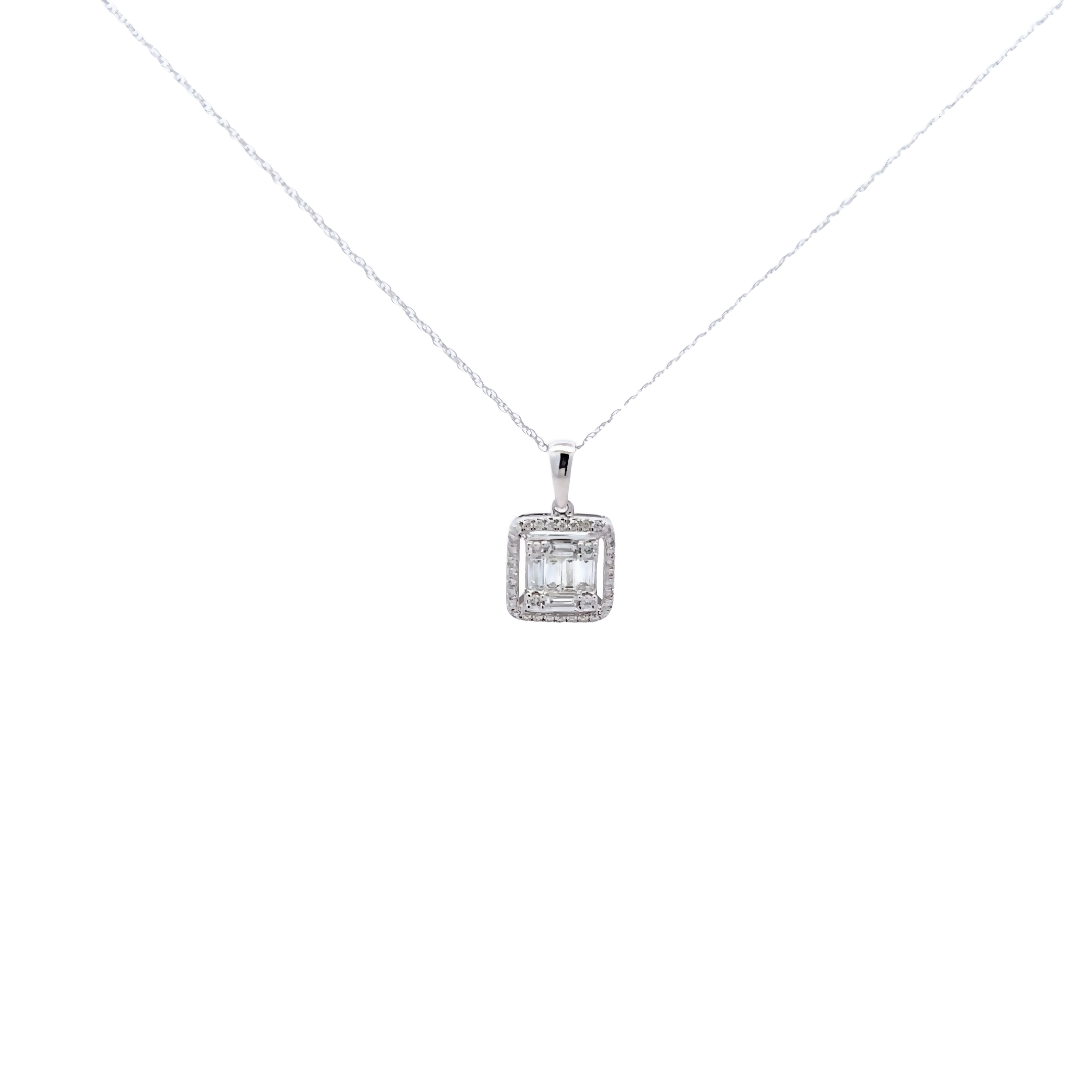 14 Karat white gold pendant with 34=0.17 total weight round brilliant G SI Diamonds and 6=0.28Tw Baguette G/H Si Diamonds