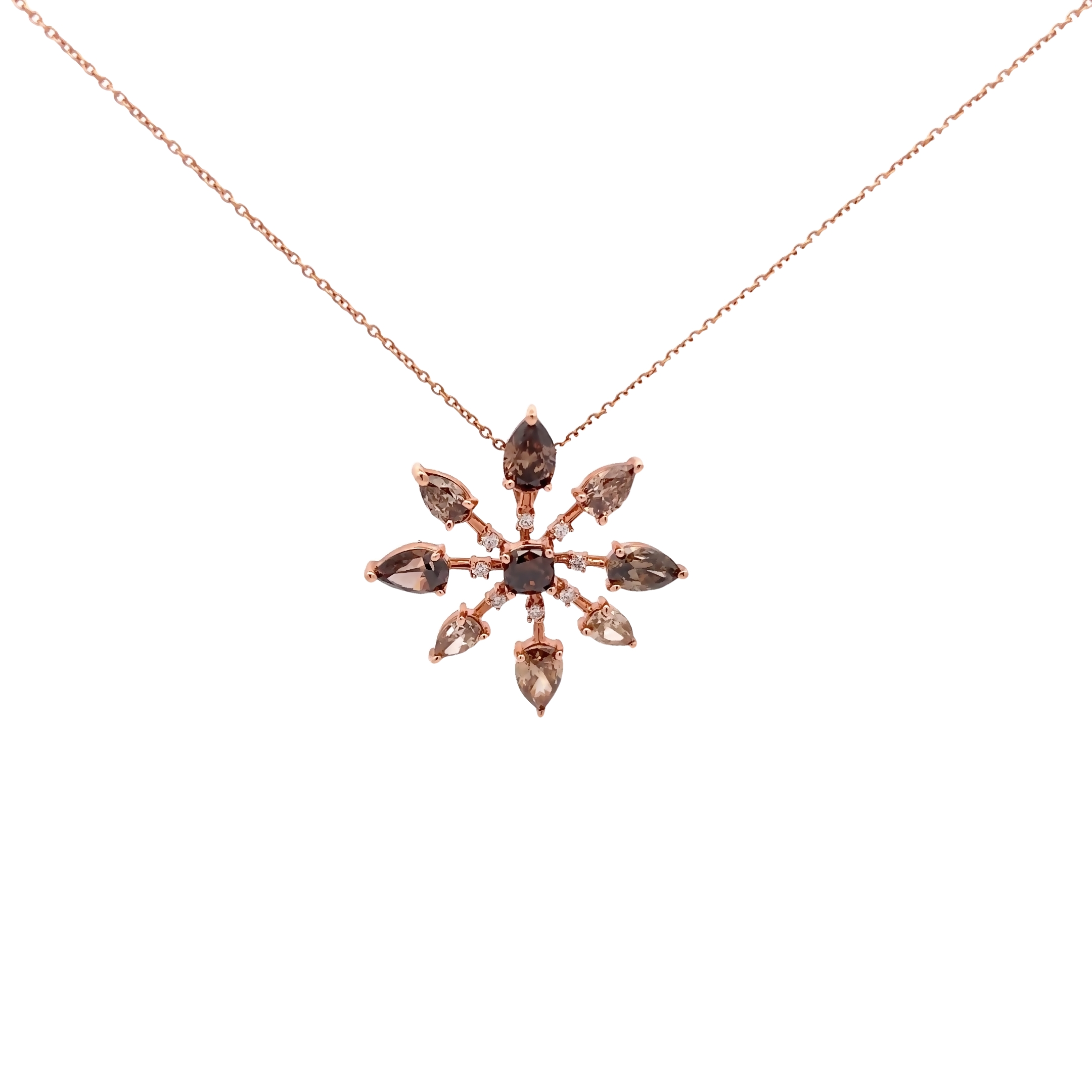 14 Karat rose gold statement pendant with 4.39 total weight Diamonds. 8 chocolate pear diamonds  one chocolate cushion diamond and 8 round brilliant GVS Diamonds.