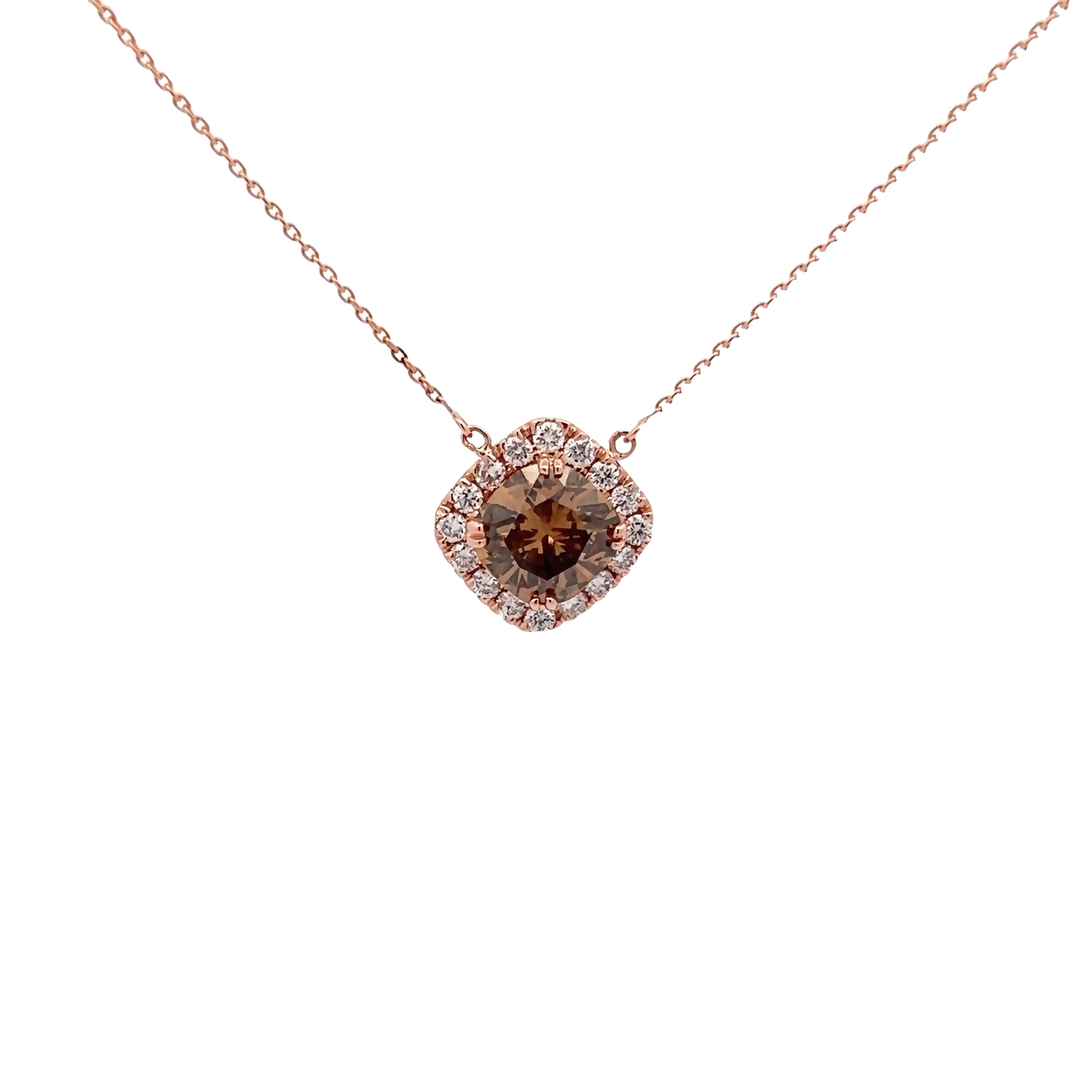 14 Karat rose gold halo pendant with One 2.29Ct cushion chocolate Diamond and 16=0.40 total weight round brilliant G VS Diamonds