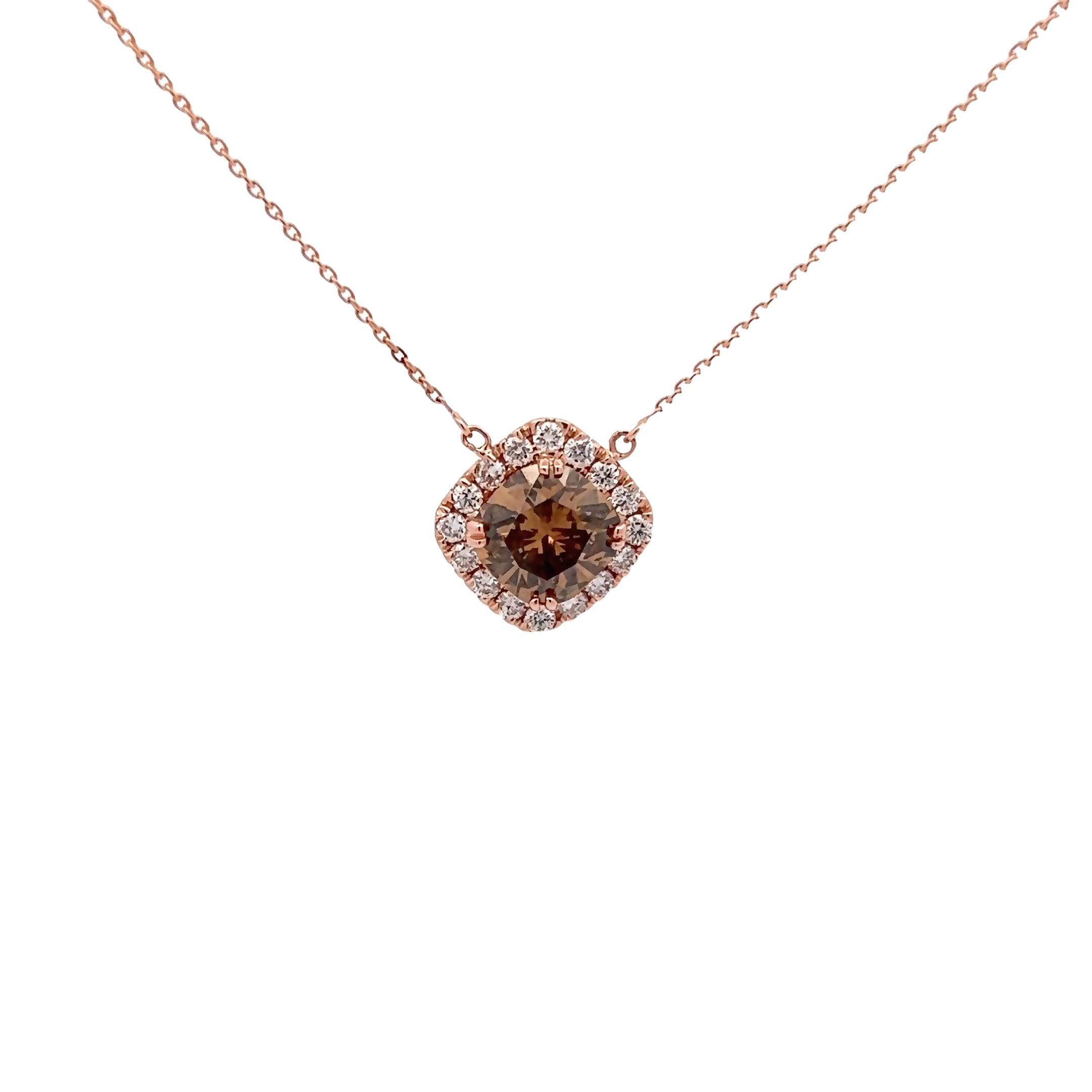 14 Karat Rose Gold Halo Pendant With One 2.29ct Cushion Chocolate Diamond And 16=0.40 Total Weight Round Brilliant G Vs Diamonds