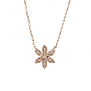 Diamond Flower Charm Pendant Necklace 14K Rose Gold (0.03Ct)