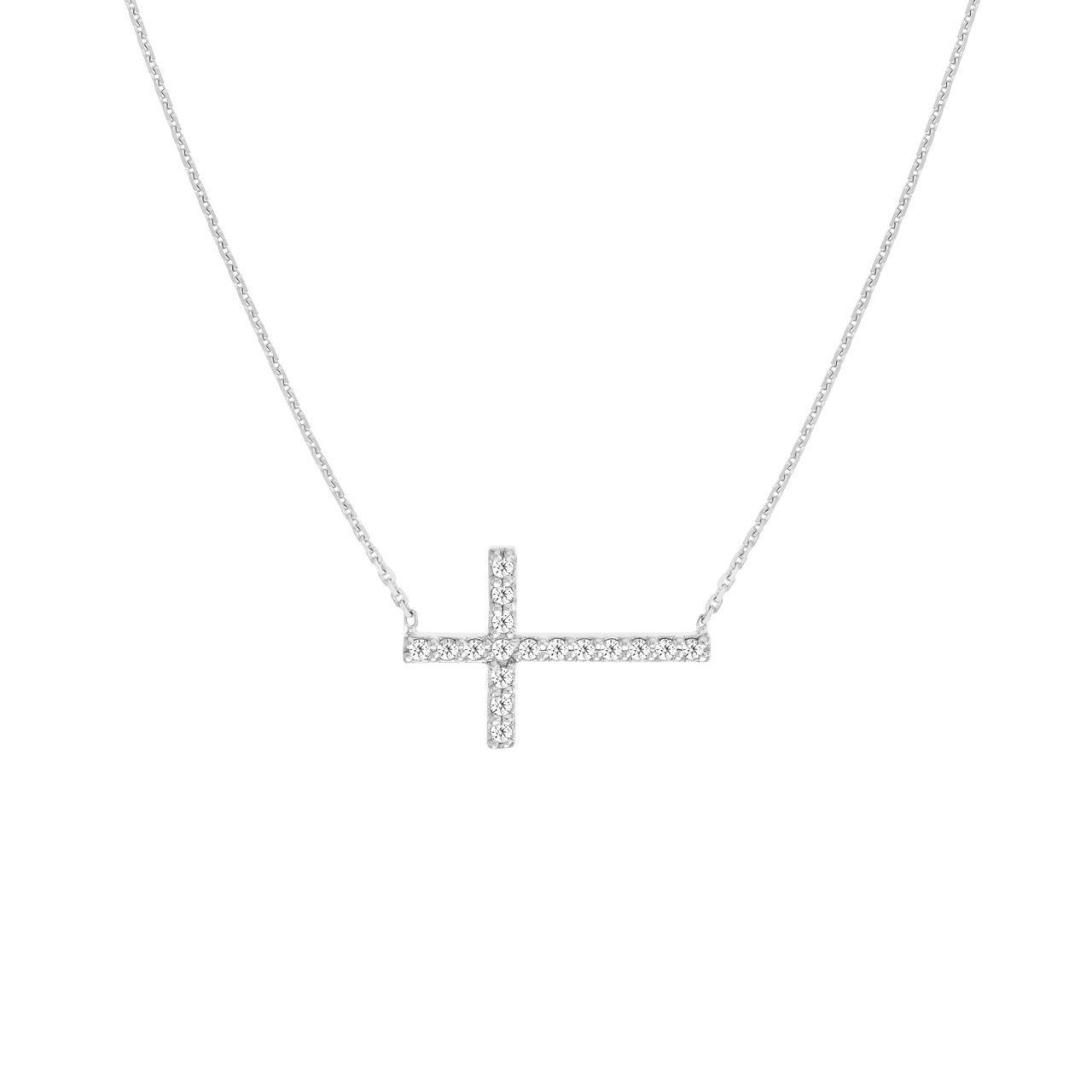 14 Karat white gold east west cross necklace with 17=0.20tw round brilliant G SI Diamonds