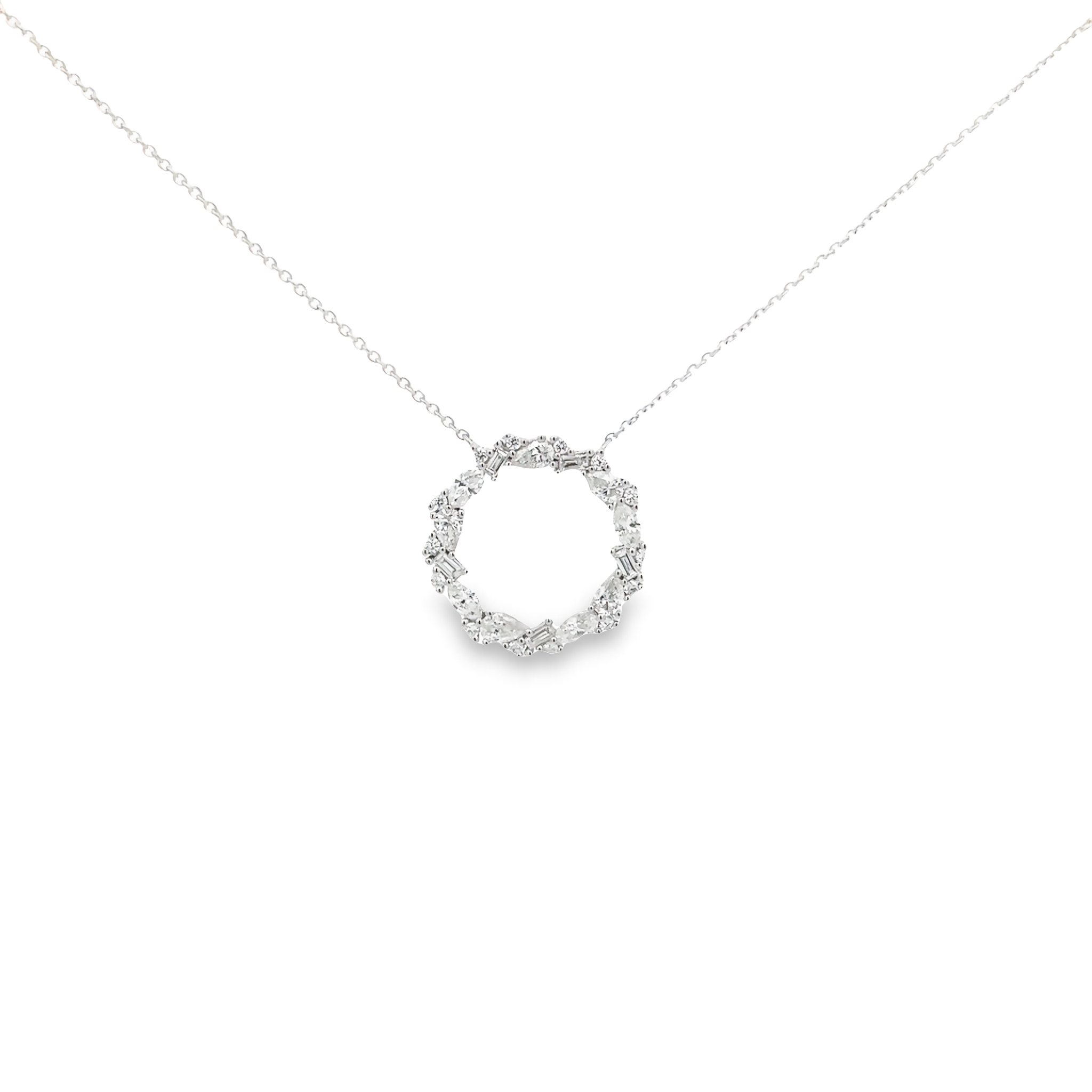 14 karat white gold circle pendant with 28=1.00 total weight various shapes G VS Diamonds
