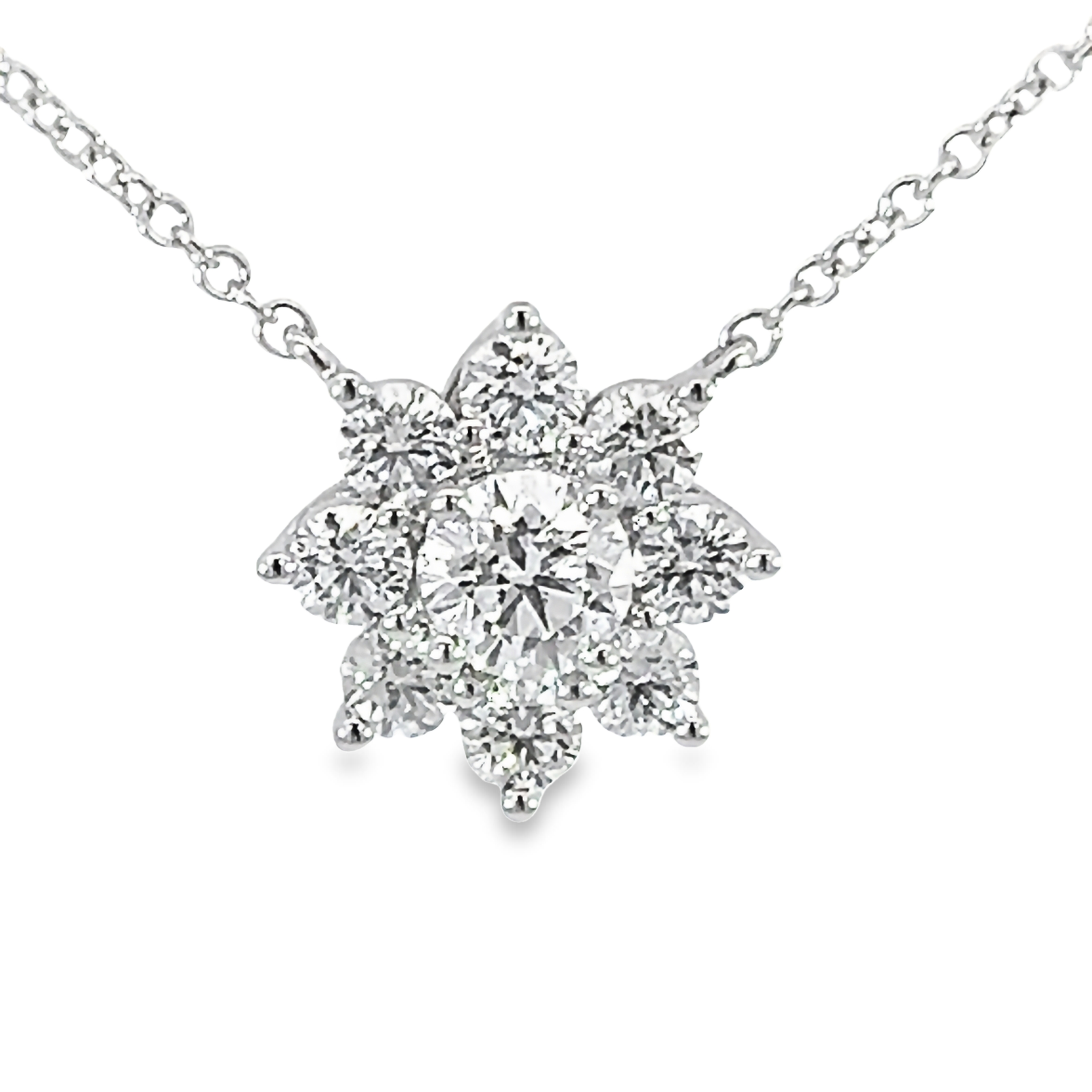 14 Karat White Gold Flower Pendant With One 0.47ct Round Brilliant G Vs Diamond And 8=0.68tw Round Brilliant G Vs Diamonds