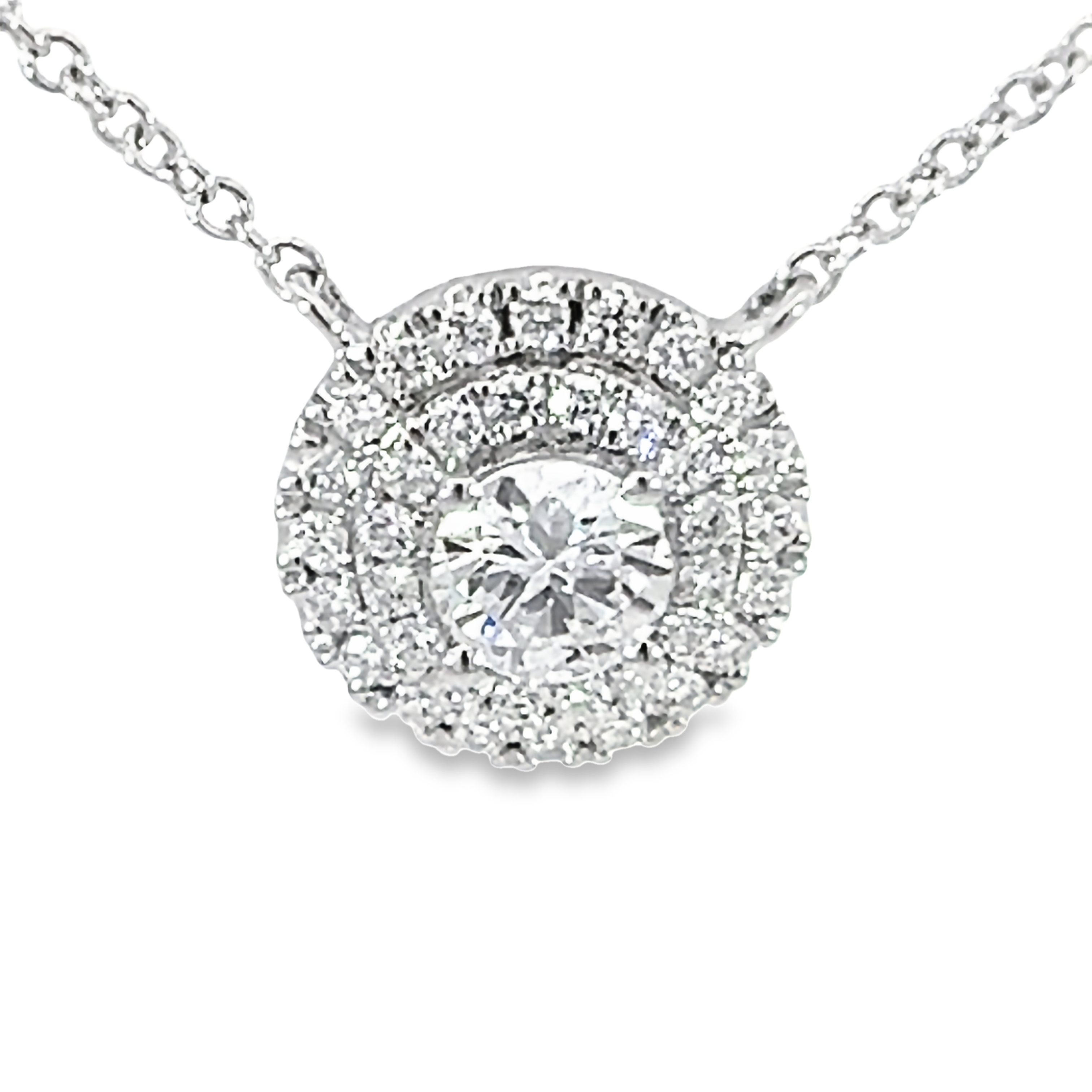 14 Karat White Gold Double Halo Pendant With One 0.45ct Round Brilliant G Vs Diamond And 36=0.28tw Round Brilliant G Vs Diamonds 16"-18"