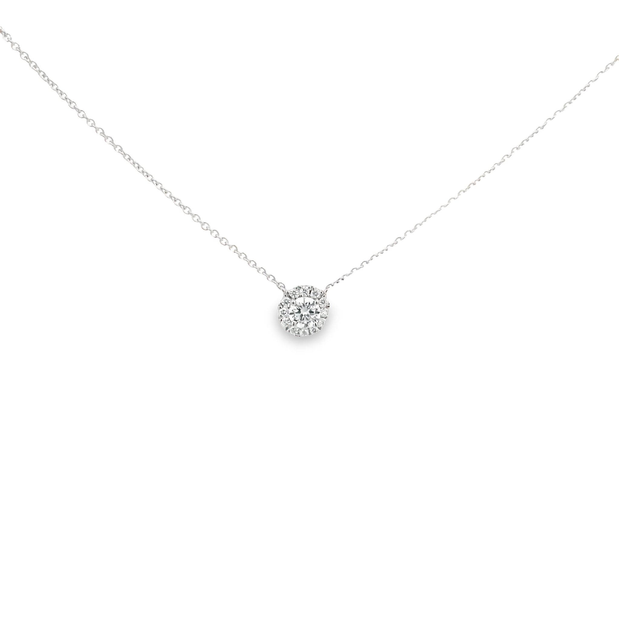 14 Karat White Gold Halo Pendant With One 0.45ct Round Brilliant G Vs Diamond And 12=0.15tw Round Brilliant G Vs Diamonds