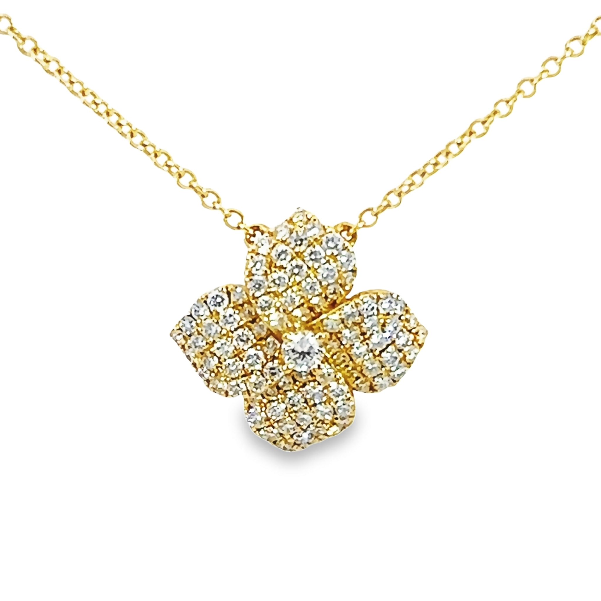 14K Gold Diamond Flower Pendant Necklace