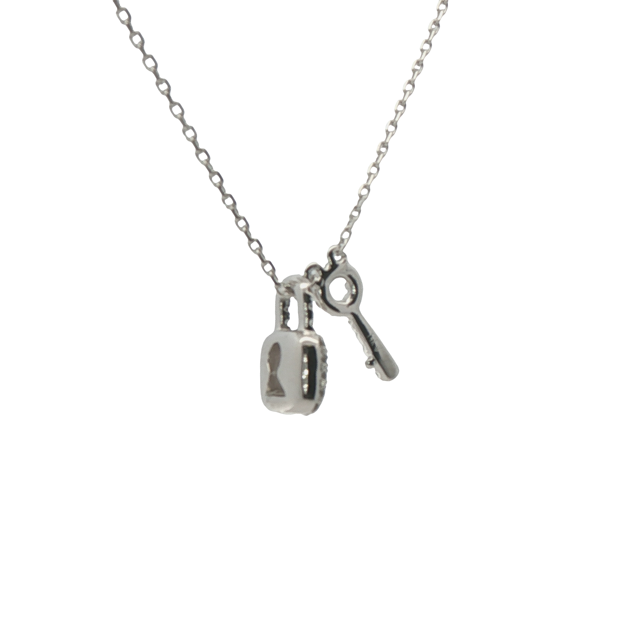 14k White Gold Diamond Lock And Key Necklace