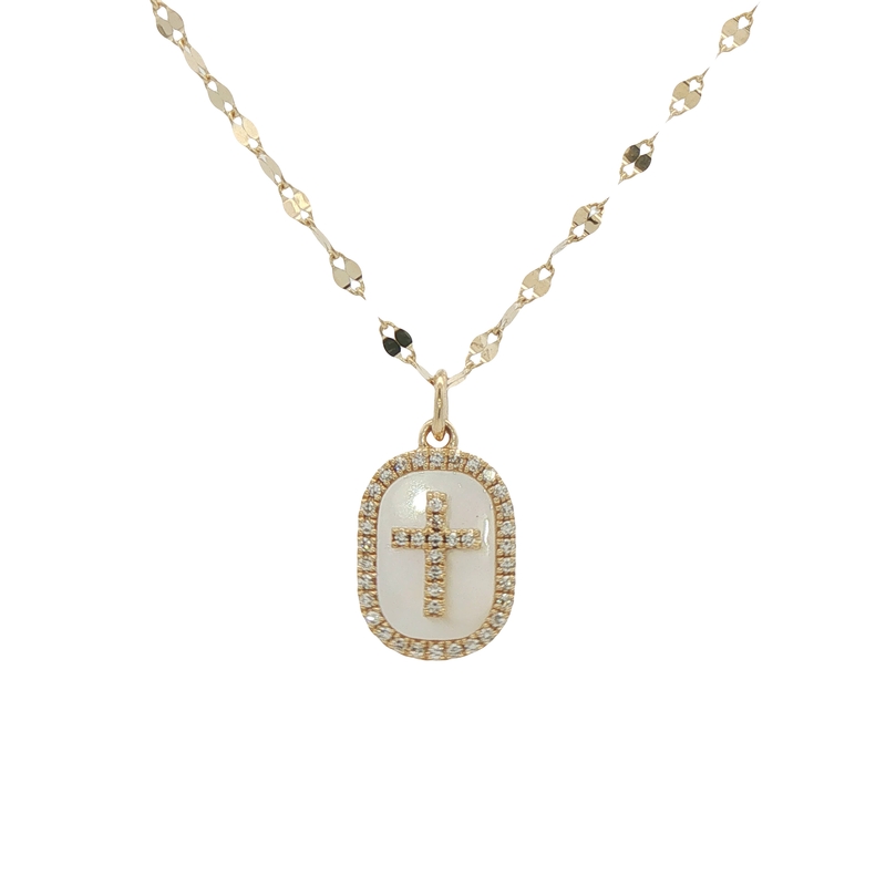14k Yellow Gold Mother Of Pearl And Diamond Cross Pendant