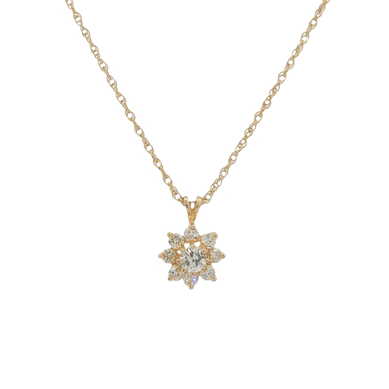 14k Yellow Gold Diamond Flower Pendant Necklace