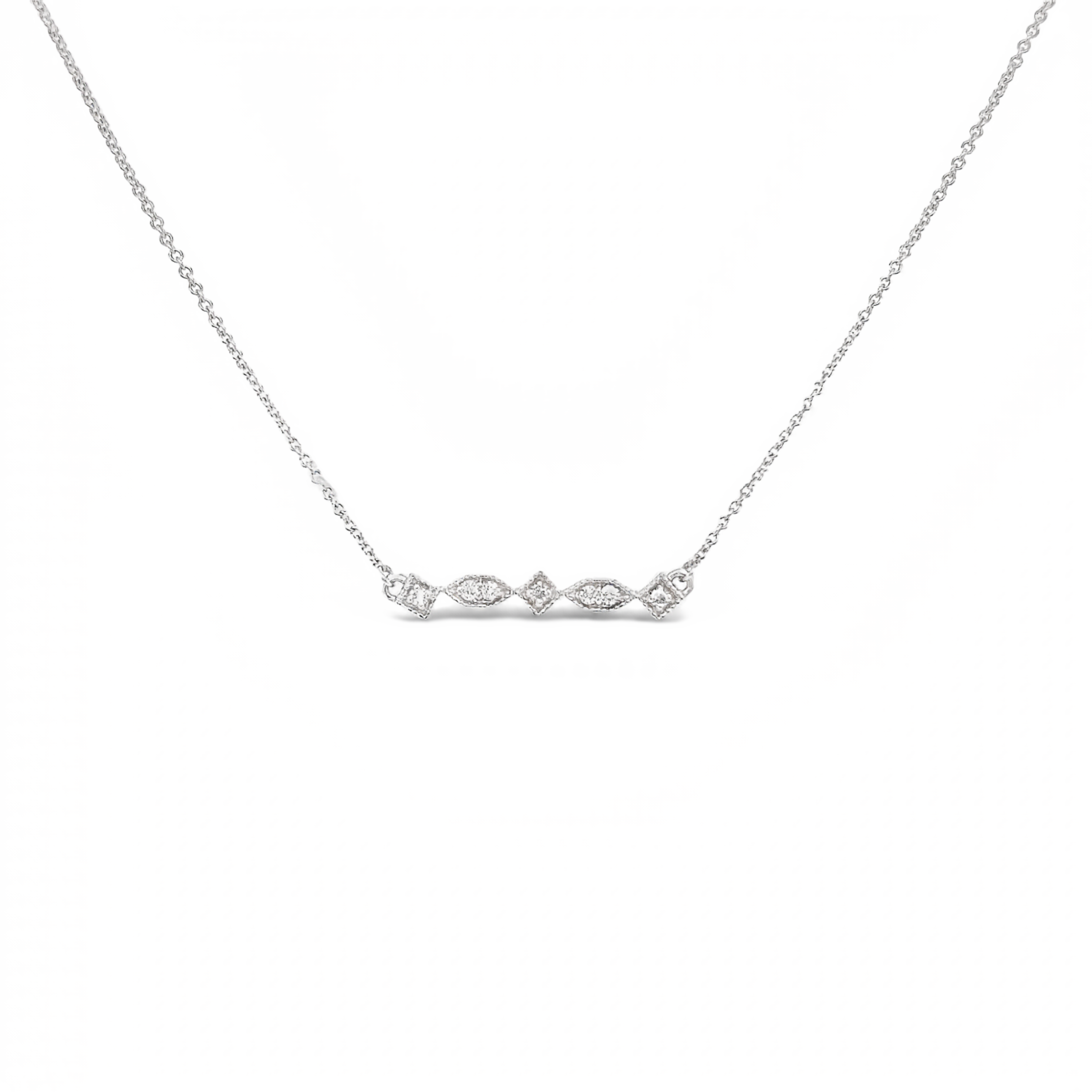 14 Karat white gold Bar Necklace with 7=0.09tw Round Brilliant G VS Diamonds